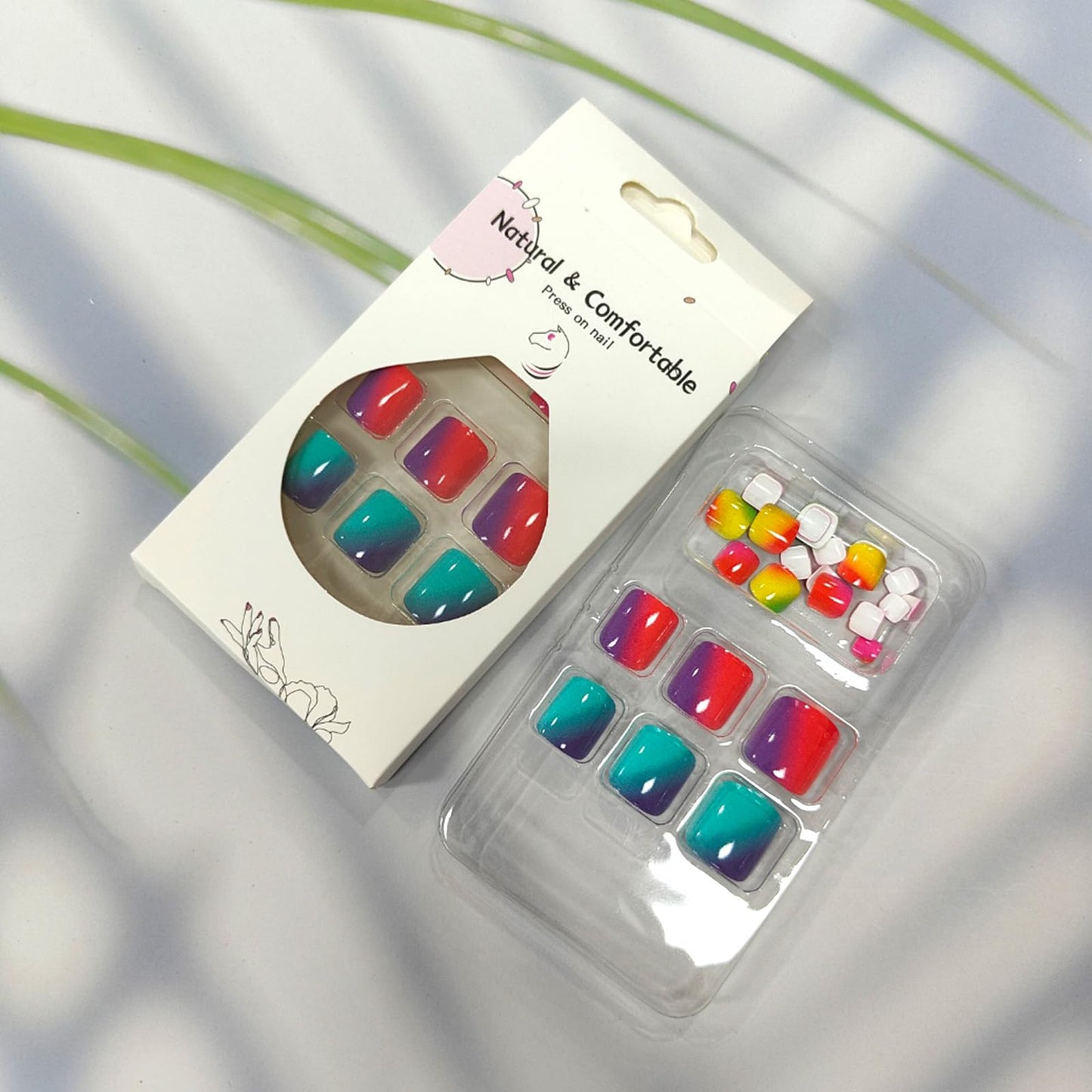 24Pcs Rainbow Colorful Press on Toenails Short Square Fake Toe Nails Colorful Gradient Glossy False Toenails Glue on Toe Nails Summer Reusable Full Cover Acrylic Toenails for Women
