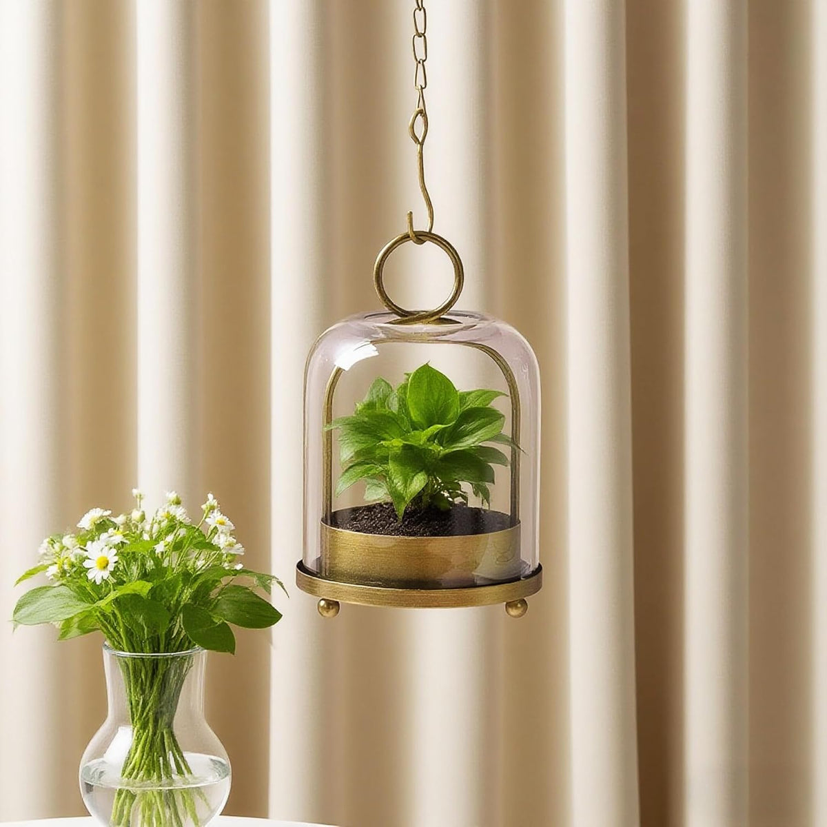 5"x7.5" Versatile Modern Metal Hurricane Lantern with Handmade Sturdy Glass Dome for 3" Pillar Candle & Plants (Brass, 5"x7.5" for 3" Pillar)