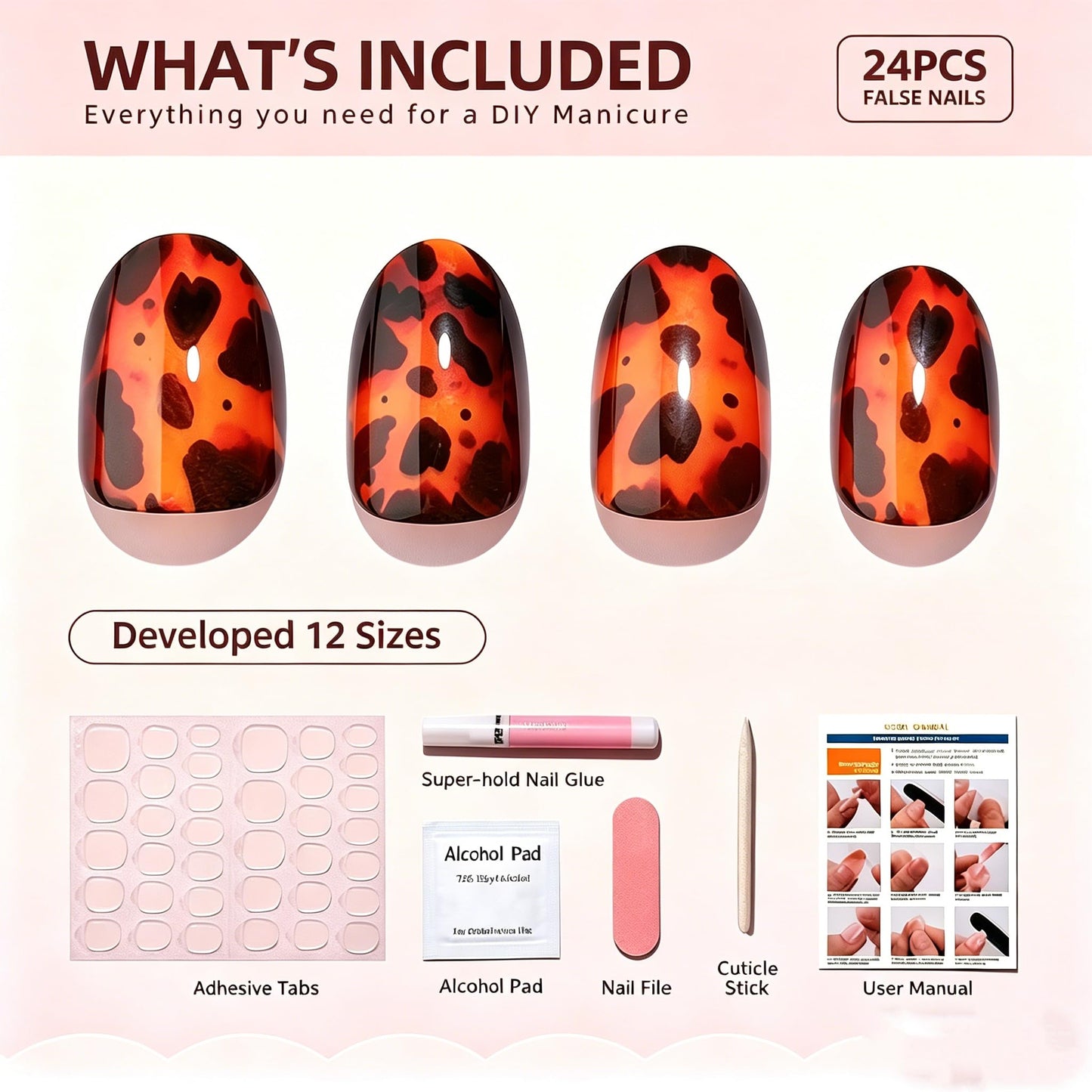 Caramel Leopard Print Short Oval Press On Nails - 24Pcs 12 sizes Soft Gel Fake Nails with Glue, Autumn Winter Tortoiseshell False Nails Reusable for Women Daily Office Party
