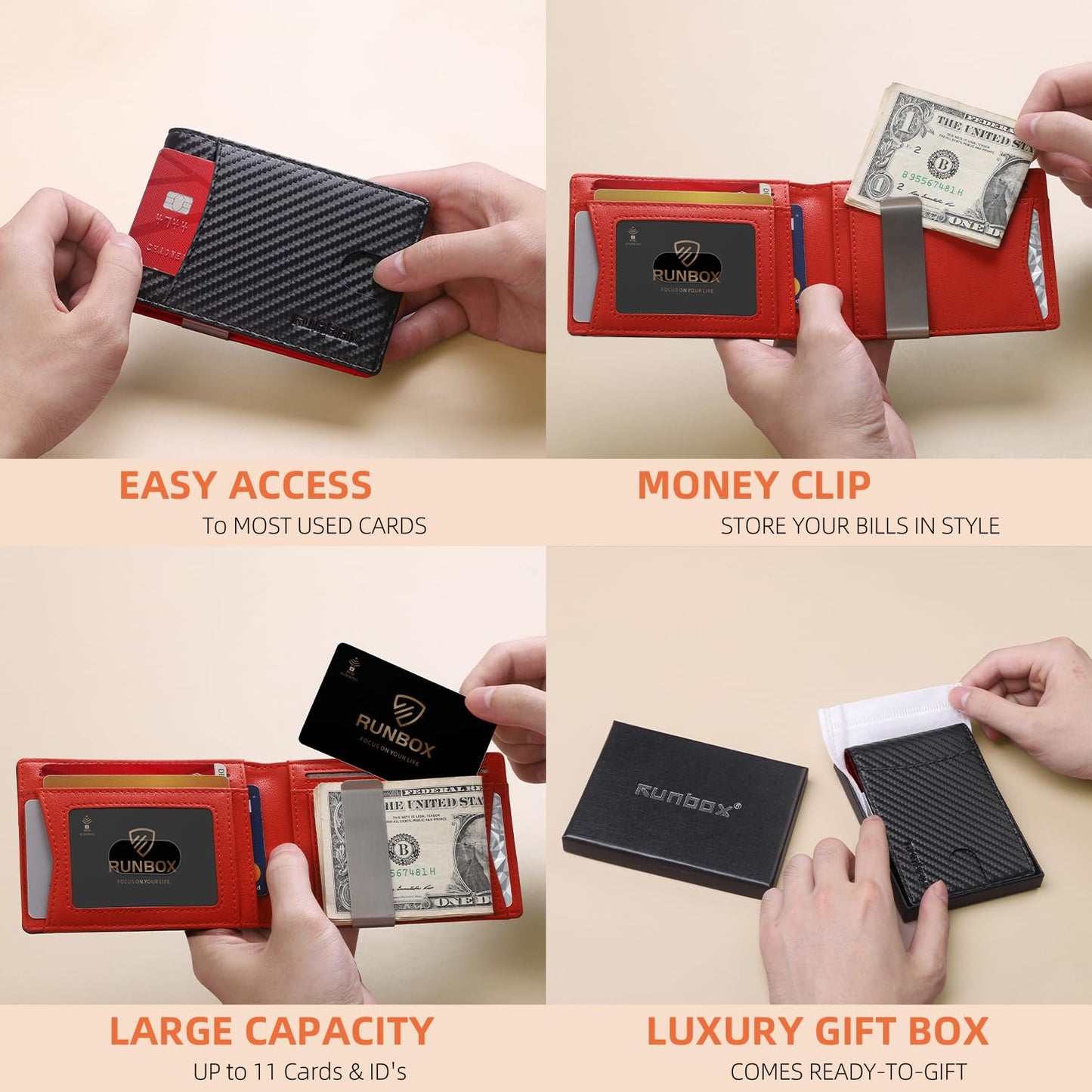 RUNBOX Wallet for Men RFID Blocking 11 Card Holder Minimalist Small Leather Bifold Men's Front Pocket Wallet Gift Box