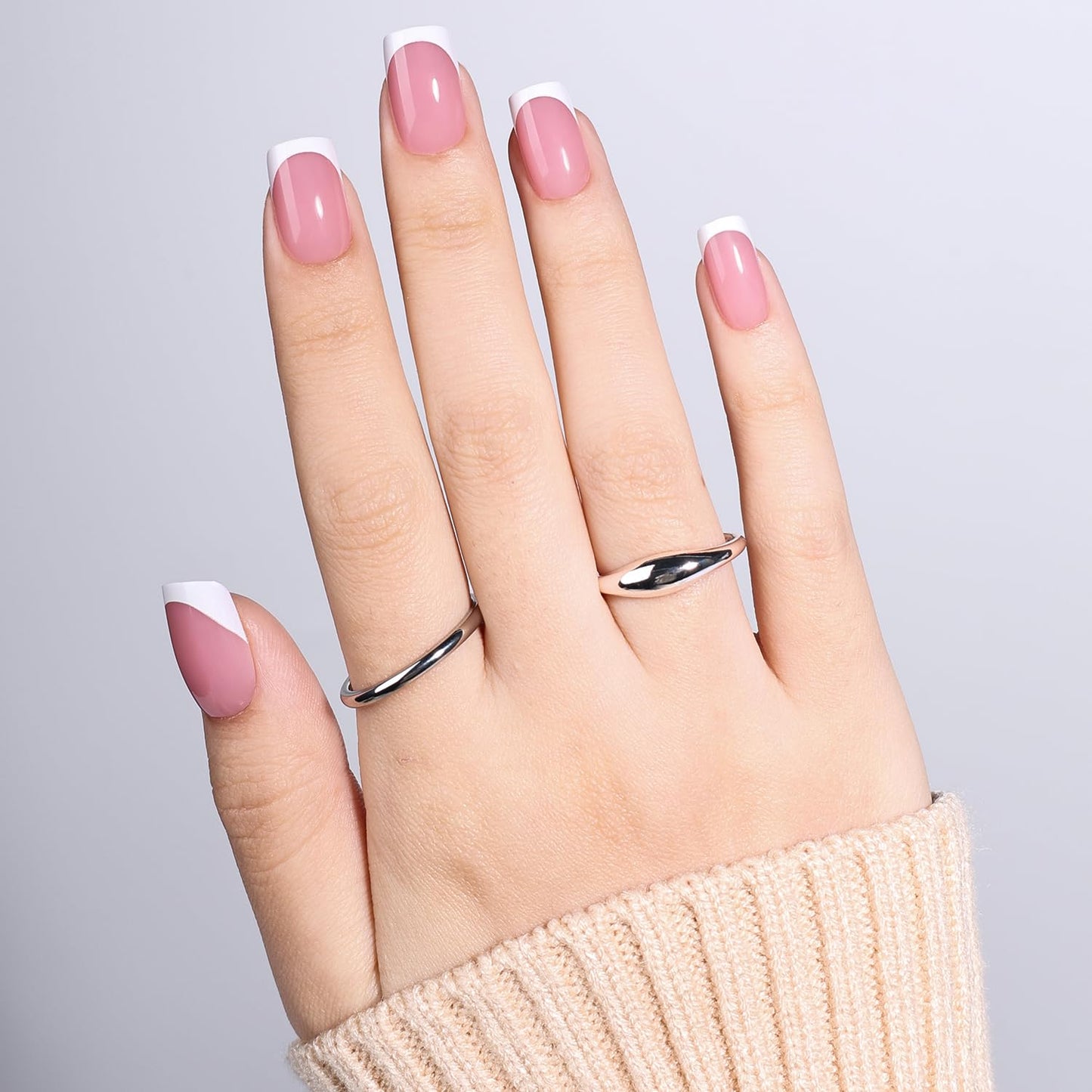 Leefrei French Tip Press On Nails - Short Square Blush Pink Press on Nails Glossy Nails Press Ons for Women DIY Fake Nails Kit, Reusable Glue on Nails Short in 16 Sizes - 32pcs, Blush Tip