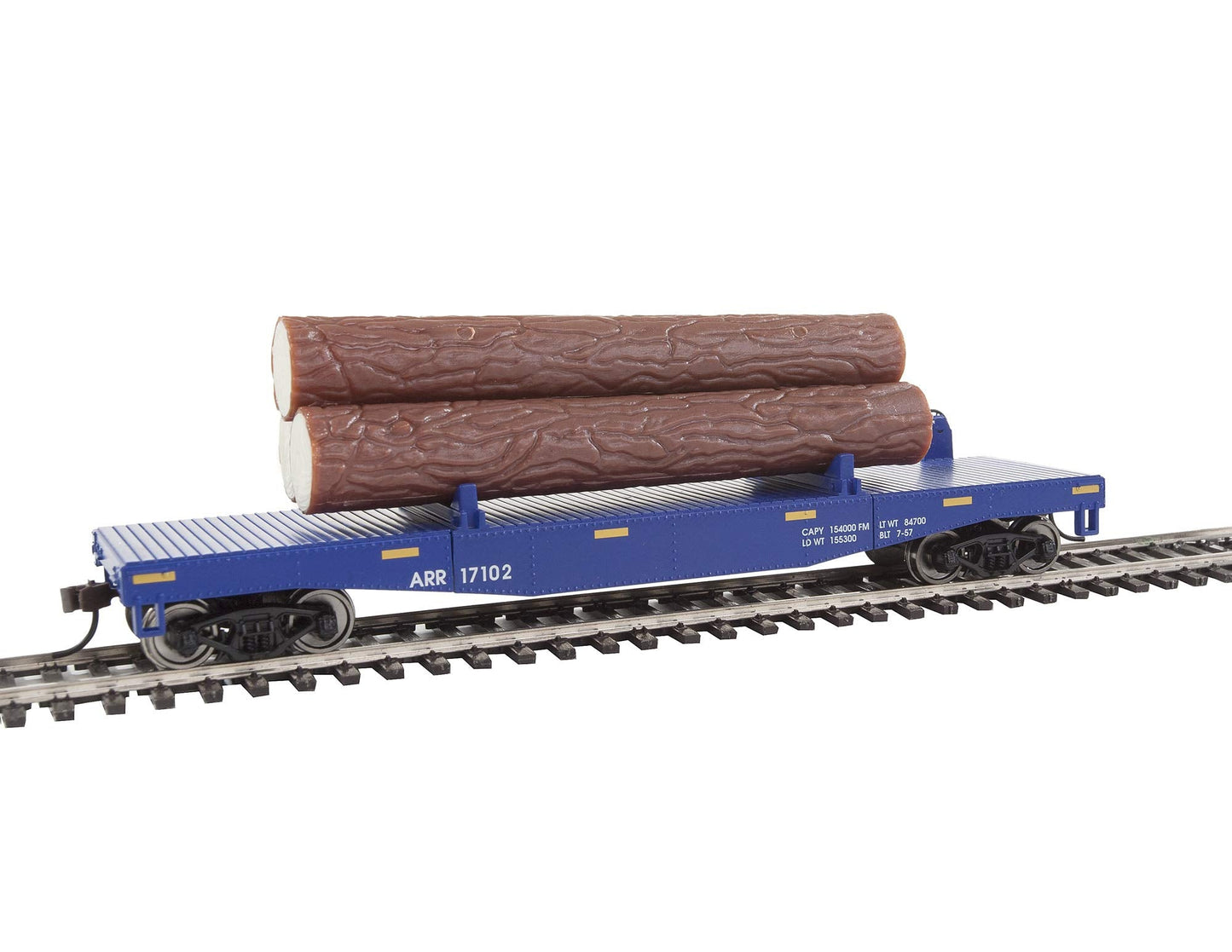 Walthers Trainline Log Dump Car with 3 Logs-Ready to Run-Alaska Railroad #17102 (Blue, Yellow Conspicuity Marks) 931-1770 HO Scale Model Railroad - Freight Model