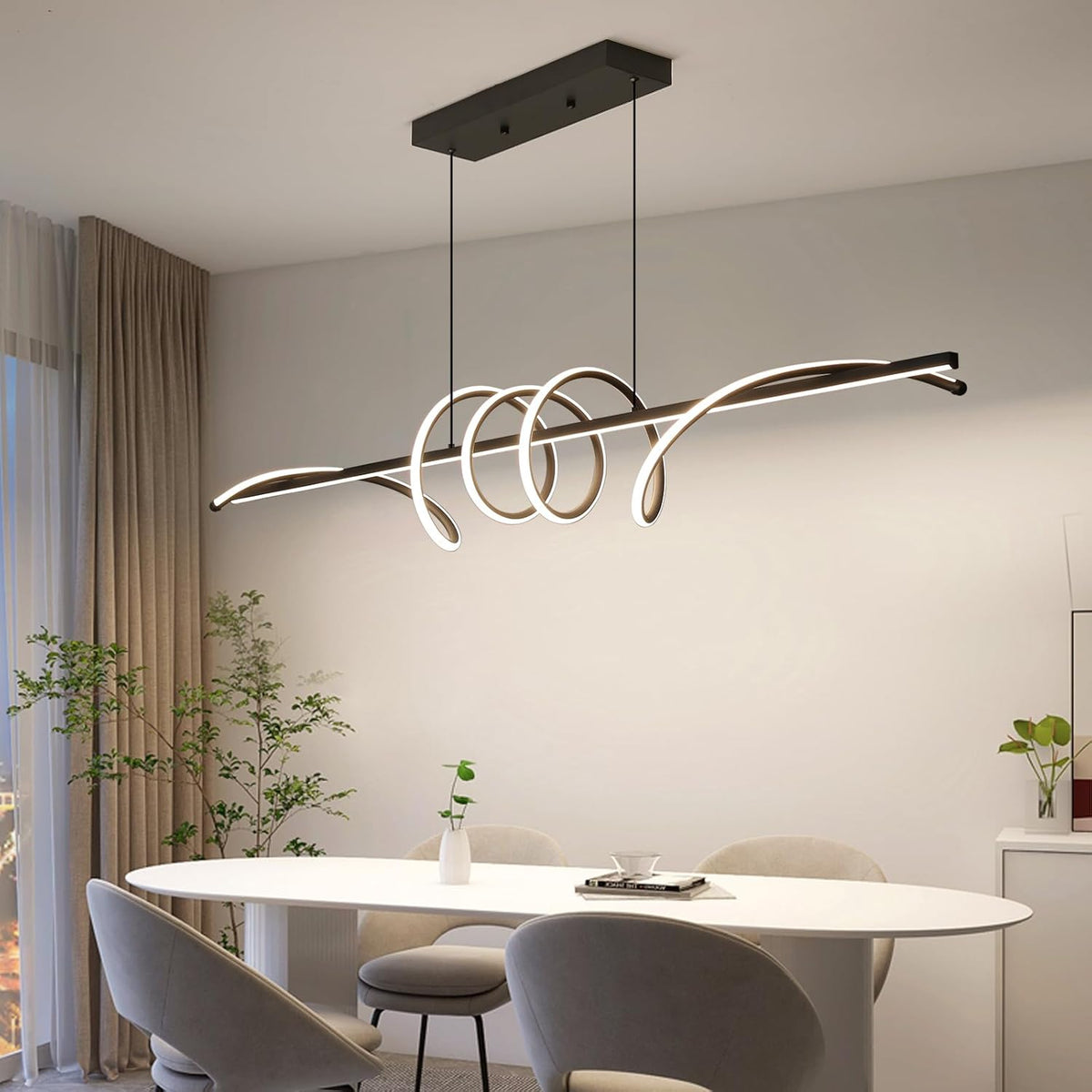 Modern Ceiling Chandelier Light, Acrylic Anti Flicker Pendant Lamp with Remote Control Dimmable 3 Color Mode & Brightness (Warm Cool Neutral Light) for Kitchen Bar（Black,57IN