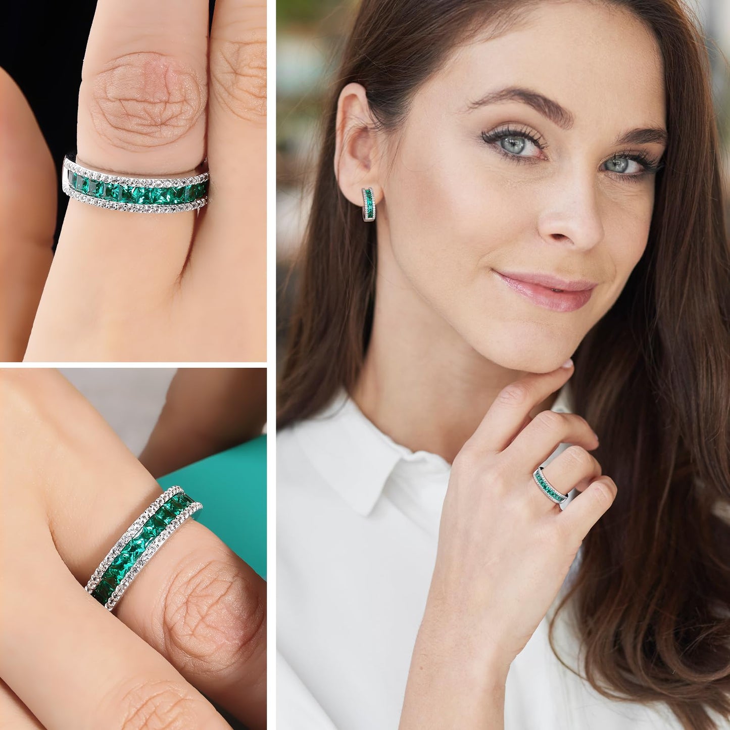 RANDES Emerald Rings for Men Women 5mm Half Eternity Bands Sterling Silver Thick Channel Set Anniversary Band May Birthstone Ring Size 10.5
