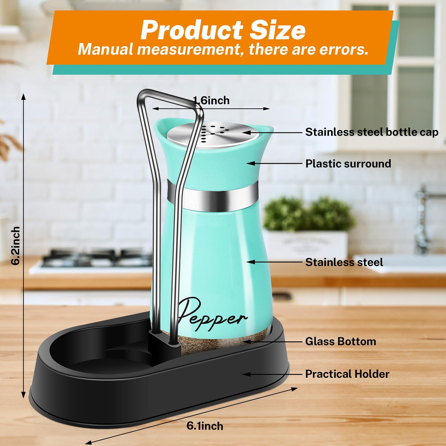 Teal Salt and Pepper Shakers Set with Holder,4 oz Turquoise Kitchen Decor and Accessories Farmhouse Gadgets Table Housewarming Gift Christmas Decor Refillable Design (Teal)