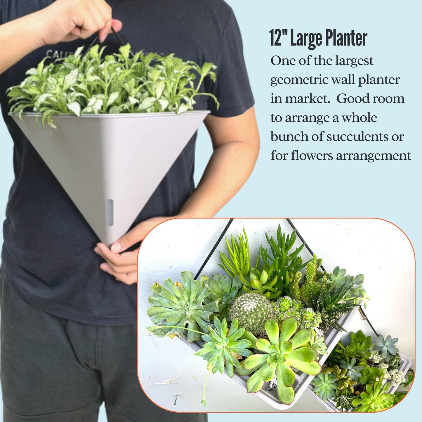 LaLaGreen Bundle - 12" x 4 Pack Black + 12" x 2 Pack Gray Large Self Watering Geometric Hanging Flower Vase Vessel with Metal Hanger, Modern Stylish Wall Mounted Succulent Pot Holder Decor