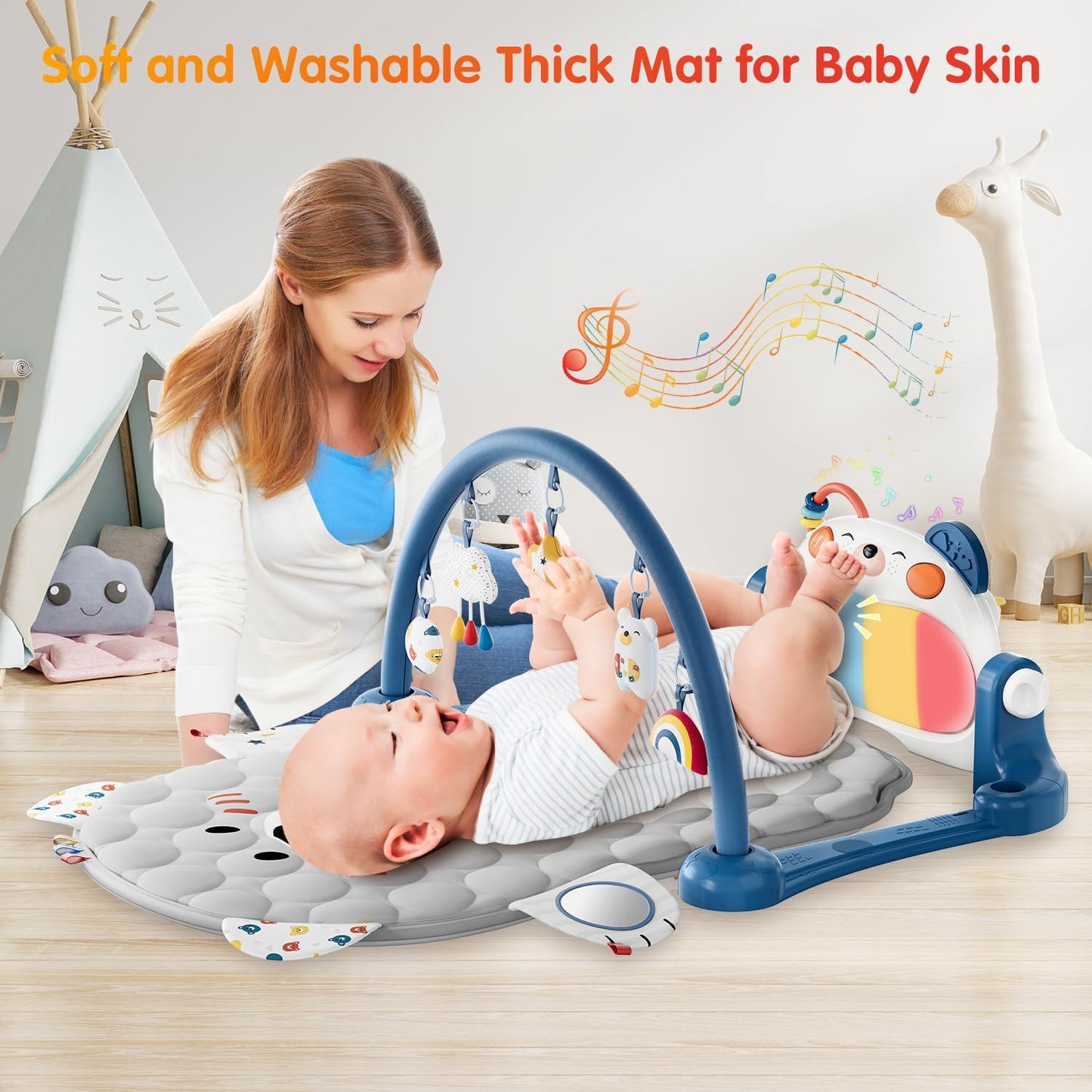 Baby Play Gym Mat, Kick and Play Piano Mat for Babies, Infant Tummy Time Activity Playmat with 5 Detachable Toys, Easy to Install & Clean