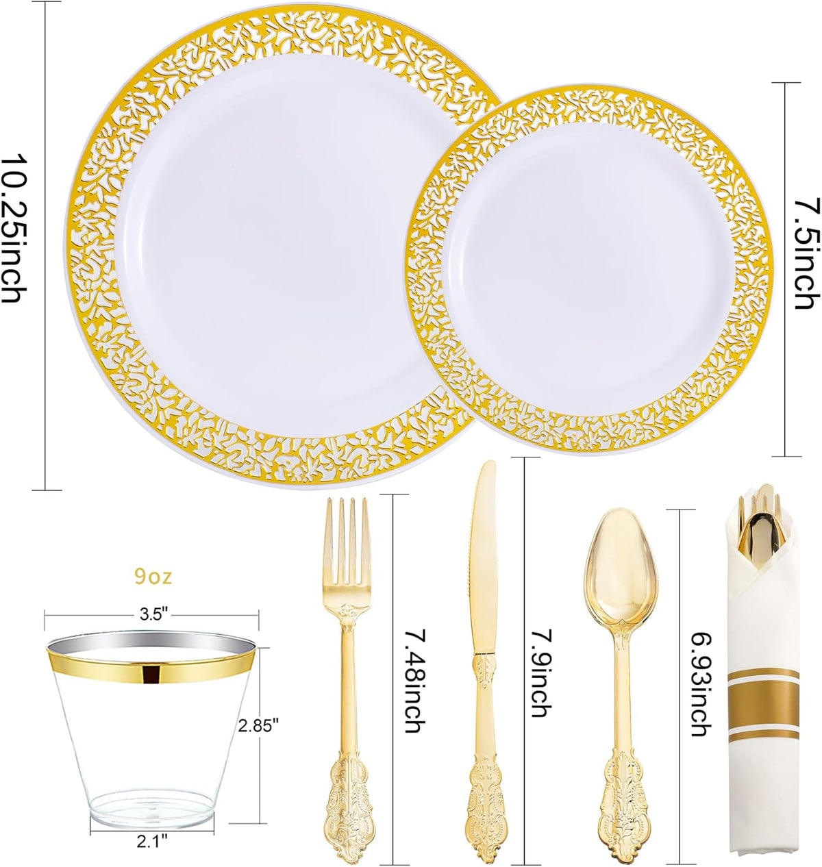 DaYammi 210 PCS Thanksgiving Gold Plastic Plates, Thanksgiving Plastic Dinnerware Sets, Includes: 30 Dinner Plates, 30 Salad Plates, 30 Pre Rolled Napkins with Gold Silverware and 30 Cups 9 OZ