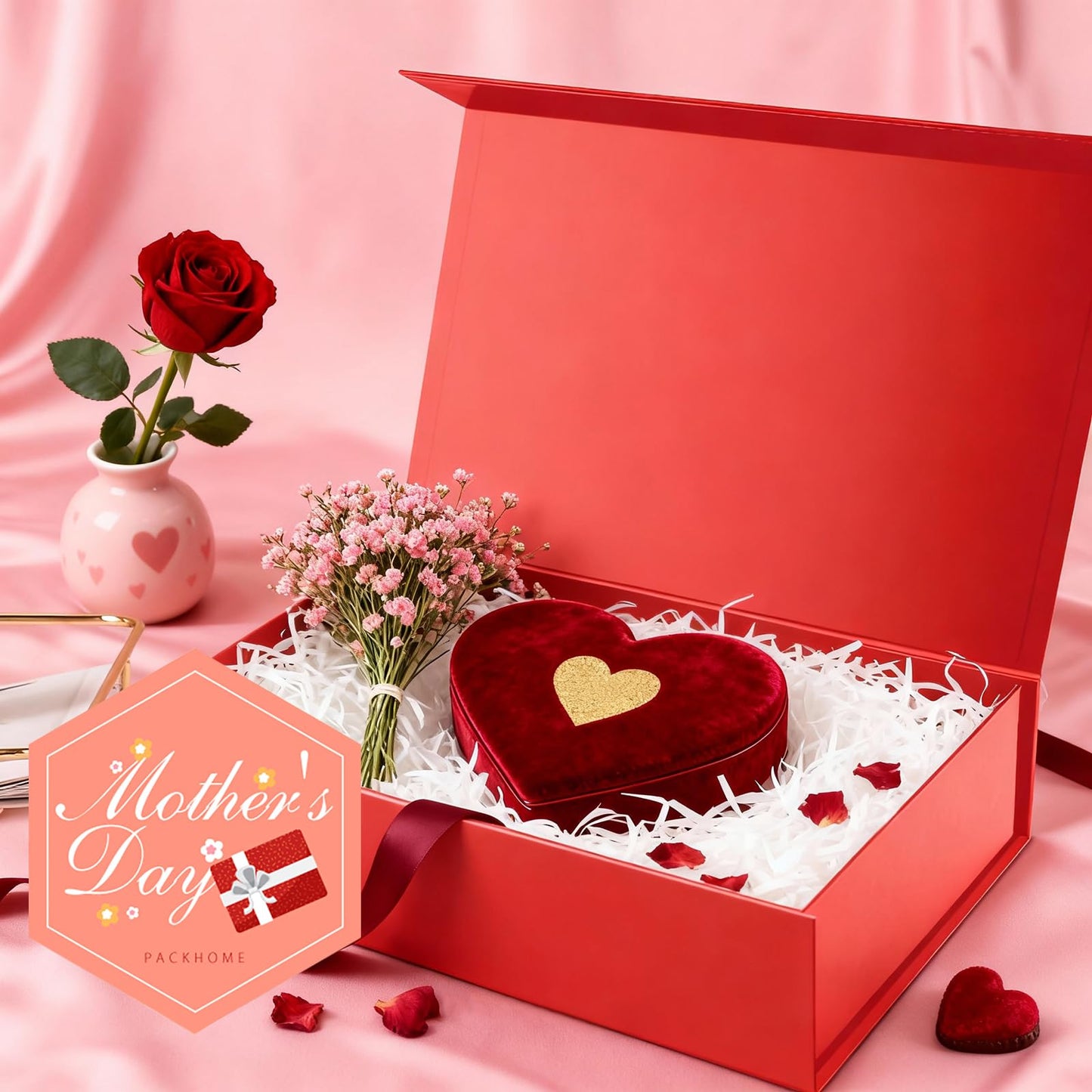 PACKHOME Mother's Day Extra Large Gift Box 17.5x11.3x4.3 Inches, Sturdy Shirt Box with Magnetic Lid for Clothes and Large Gifts (Glossy Red)