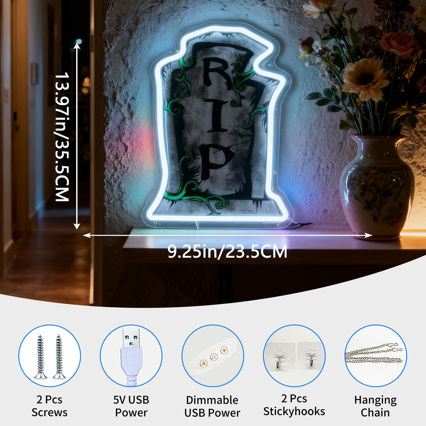 RIP Tombstone Shape LED Neon Sign - USB Powered Spooky Decor for Haunted House Party Bedroom, Halloween Neon Light Wall Table Accent, 13.97x 9.25 in
