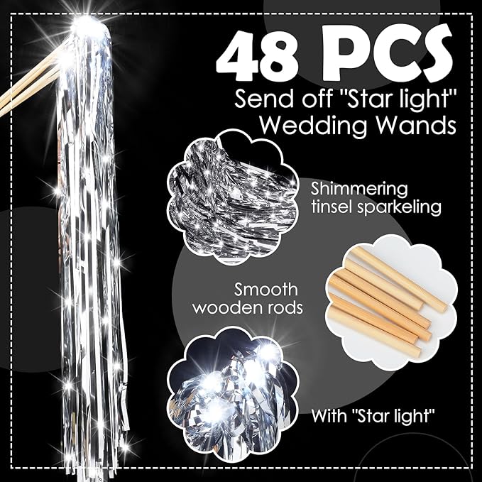 48 Pcs Lighted Wedding Wands LED Tinsel Wands Streamers Wedding Sparklers Send Off Light Sticks for Reception Birthday Exits Baby Shower Concert Christmas Party Favors(Silver)