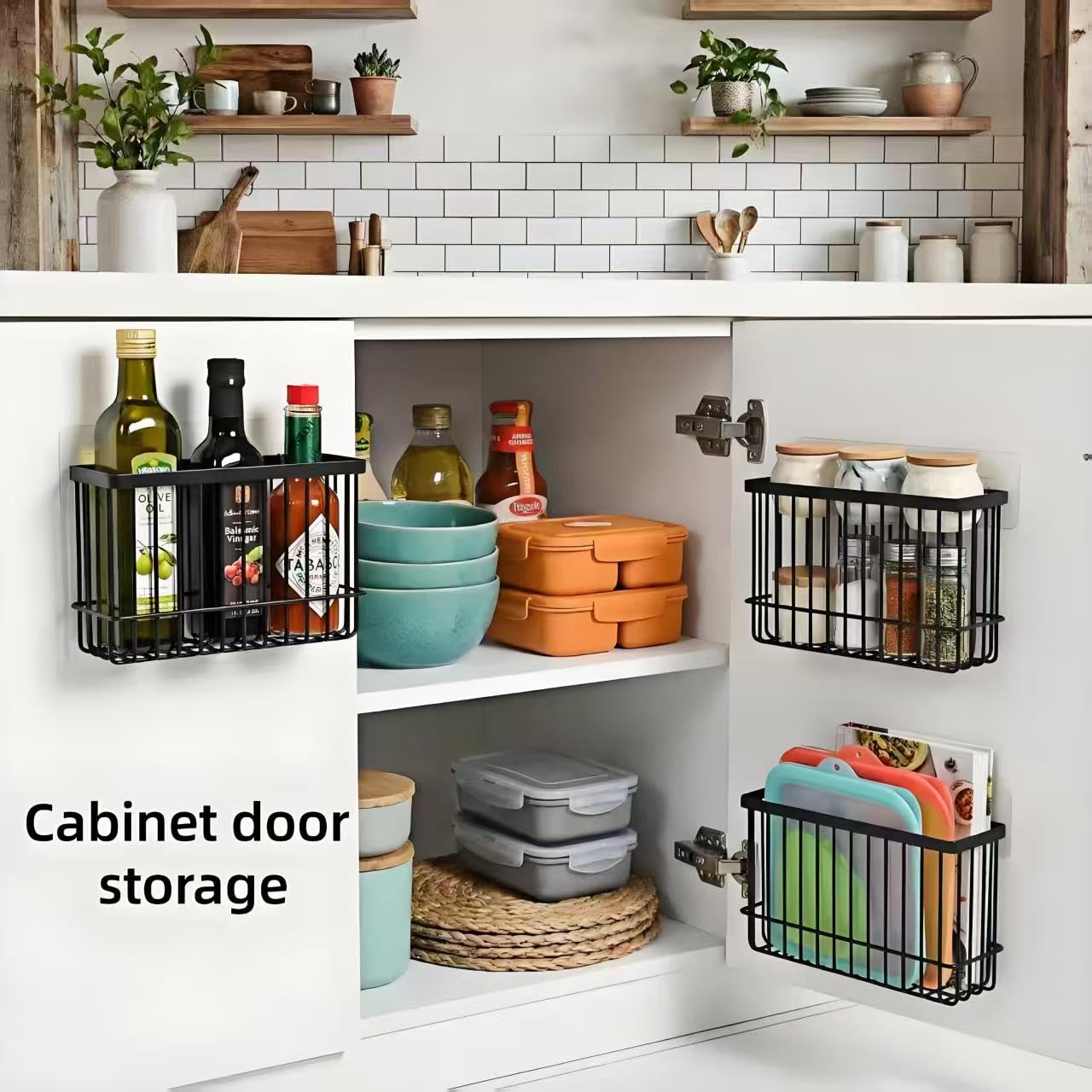 SXSWNSDLX 2 Pack Adhesive Cabinet Door Organizer, No Drilling Required, Hanging Storage Basket Organizer Wall Mounted Pantry, for Kitchen, Fridge, Bathroom (Black)