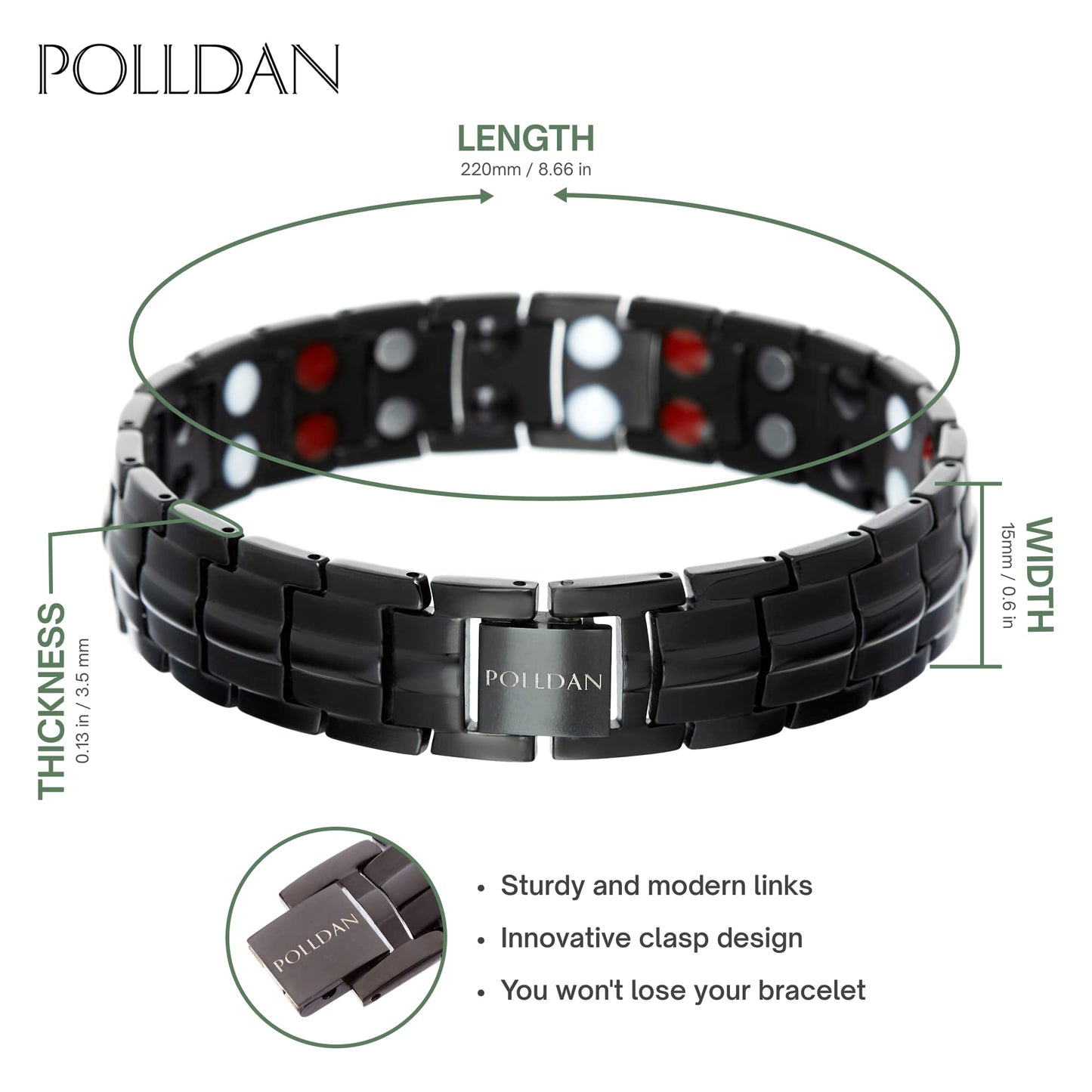 POLLDAN® 3X Power Magnetic Bracelets For Men | 6200 Gauss Strength Mens Titanium Bracelet with Fold-Over Clasp, Adjustable Length, Gift Box, Sizing Tool | Innovative Magnets Alloy - Patent (2X Black)