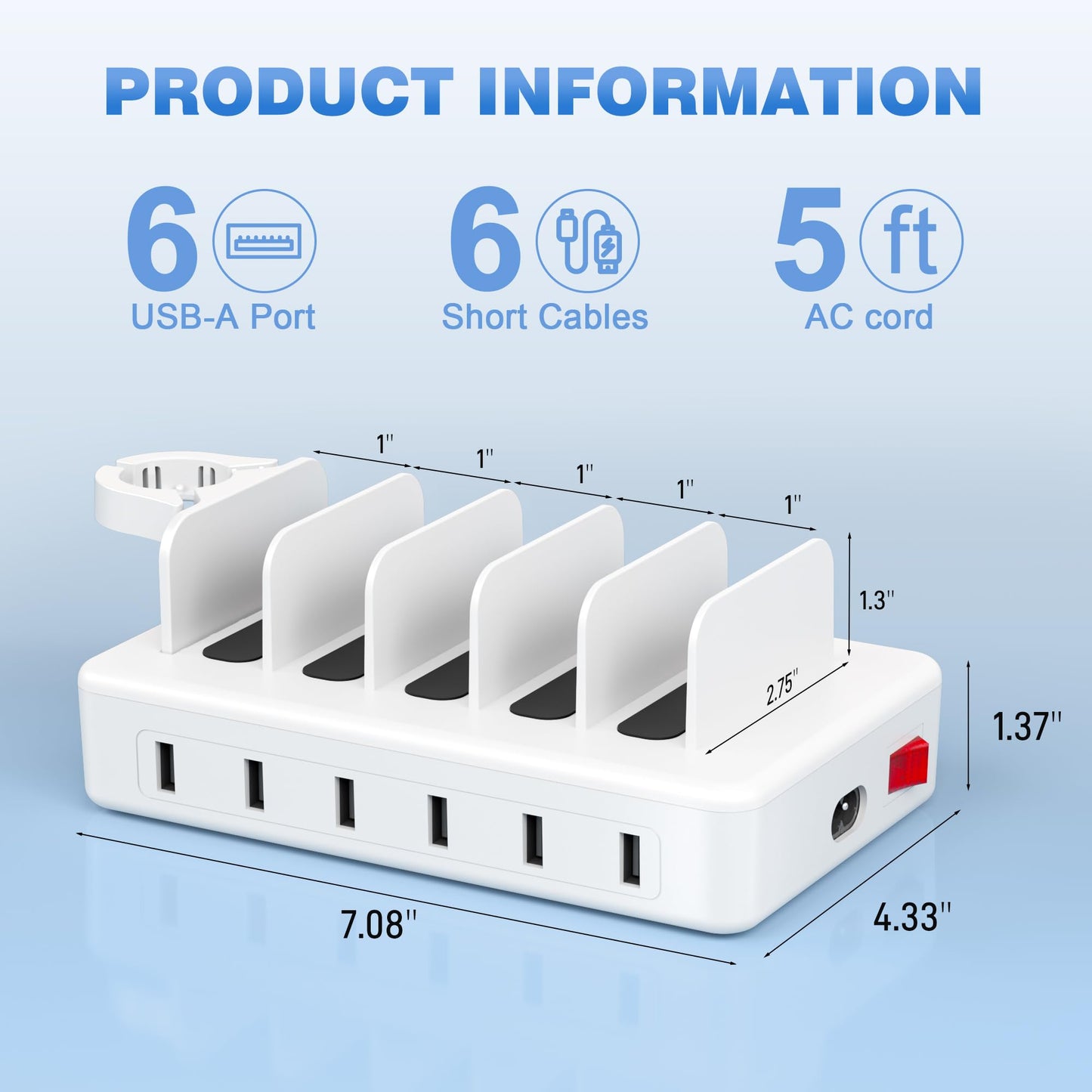 CREATIVE DESIGN Charging Station for Multiple Devices, 50W 6 Ports Charging Dock with 6 Cables Compatible with Cellphone,Tablet, Kindle, Apple Watch and Other Electronic