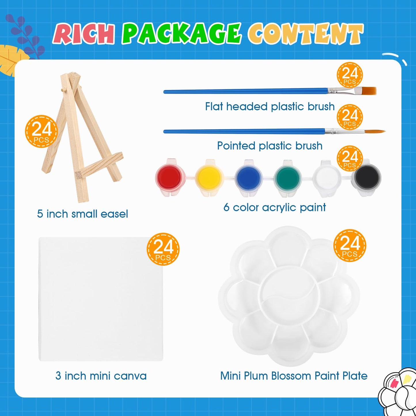 ESRICH 24 Set Mini Acrylic Paint Kit, Mini Stretched Canvas with Easel, Valentines Day Gifts, Acrylic Paint Strips, Paint Palettes, Painting Brushes, Canvas and Easel Set for Kids Artists Beginner