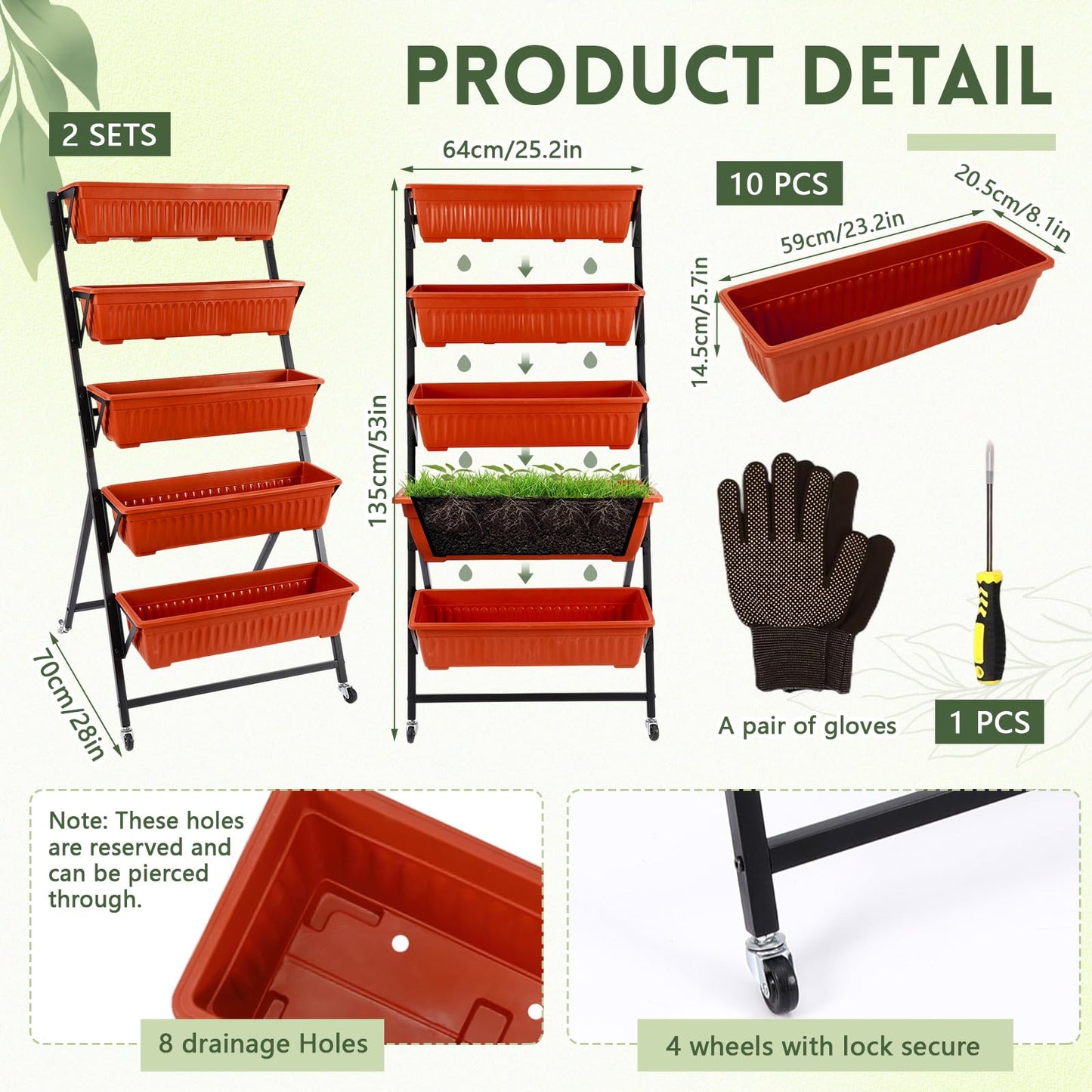 Briwooody 2 Pack 5 Tier Vertical Garden Planter with Wheels 4.5 ft Raised Garden Bed for Strawberry Herb Vegetable Flower Stackable Planter Boxes with Drainage for Patio Indoor Outdoor(Brick Red)