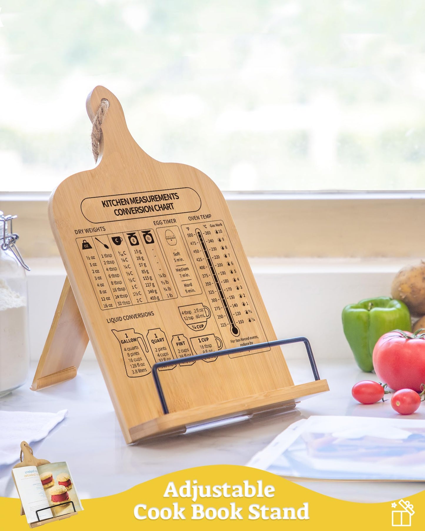 IKEDAS Bamboo Cookbook Stand, Sturdy Cook Book Holder, Recipe Book Holder with Measurement Conversion Chart, Cookbook Stand for Kitchen Counters, Essential Accessories for Holding Cookbooks