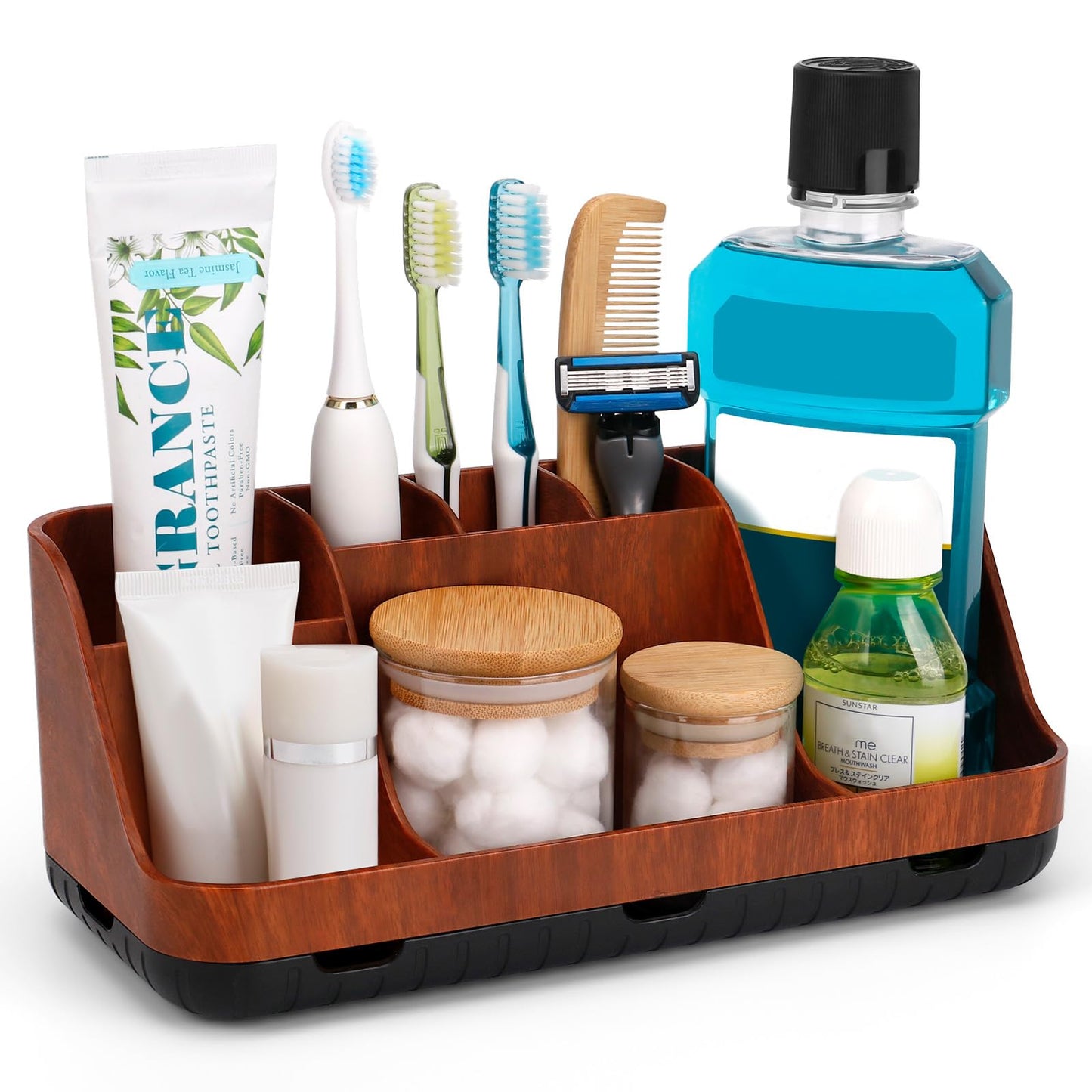 GFWARE Bathroom Decor and Accessories - Detachable 7 Slots Kids Electric Toothbrush and Toothpaste Holde for Bathroom Tray Countertop Vanity Storage, Bathroom Sink Storage Organizer, Red Wood