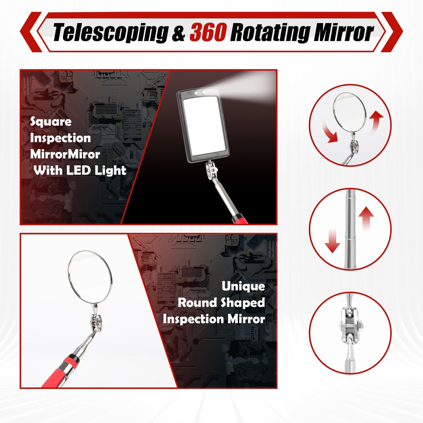 TOOLEAGUE 7Pcs Telescoping Magnetic Pickup Tool Set, Extendable LED Flashlight,Round & Square 360° Inspection Mirror for Men Mechanics, and Handymen, Red
