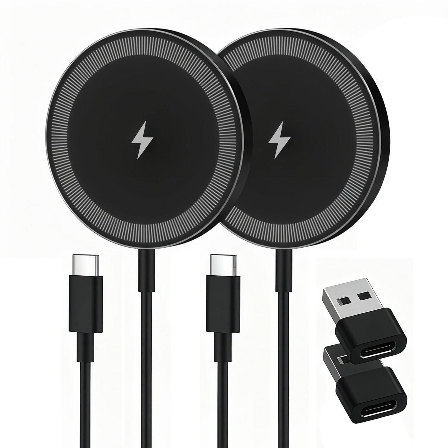 Magnetic Wireless Charger Charging Pad: 15W Qi Fast Portable Slim Charger Puck for iPhone 17e 17 Air 17 Pro Max 16 15 14 13 12 Series S26 & AirPods 4 3 2 Pro - Include USB-C/A Dual Ports (2Pack Black)