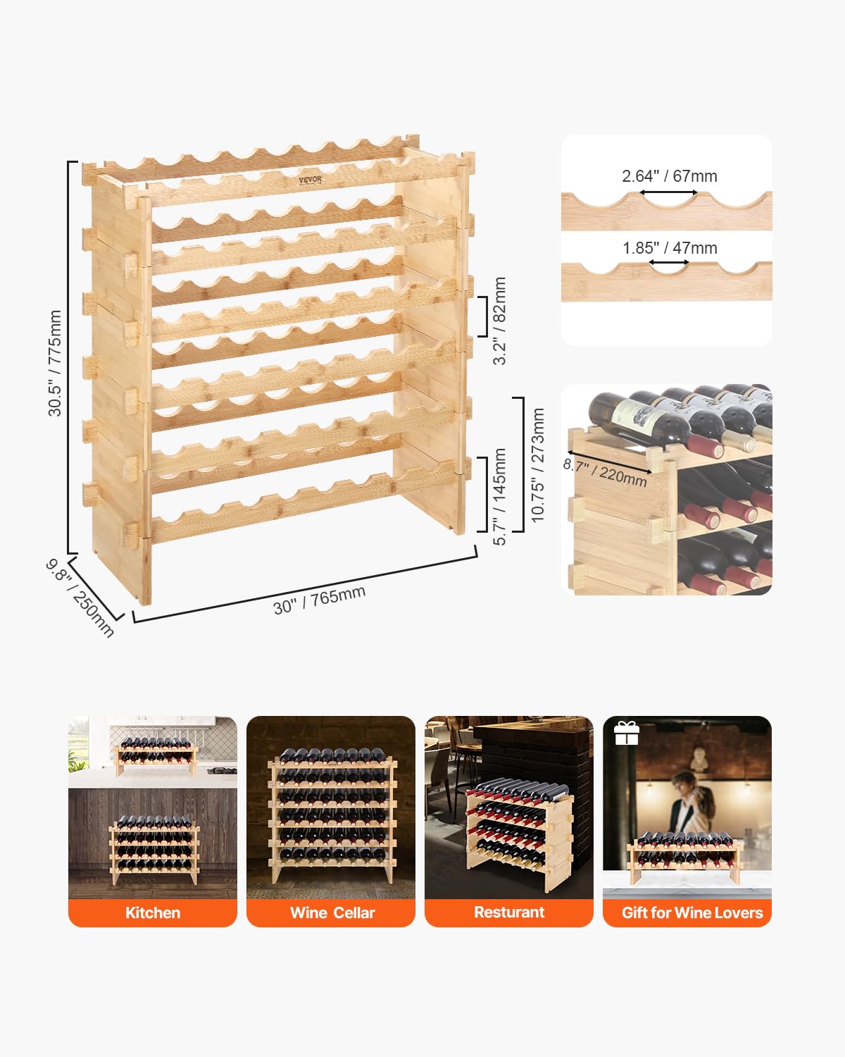 VEVOR 6-Tier 48 Bottles Stackable Modular Wine Rack, Freestanding Wines Holder Display Shelf, Solid Bamboo Wood Storage Racks, Wobble-Free Shelves for Kitchens, Dining Rooms, Cellars, Natural Color