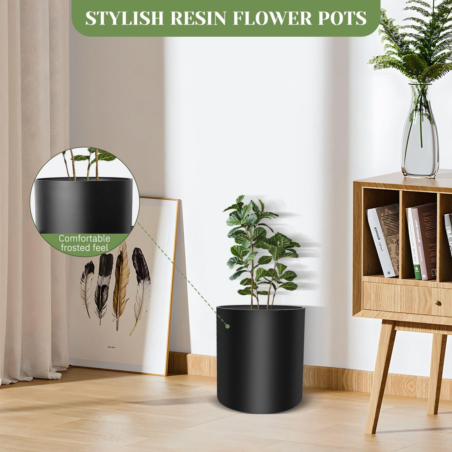 fuxuiwy Flower Pot Large Indoor Cylindrical Plastic Planter with Drain Hole and Stopper (Black, 10 Inch)