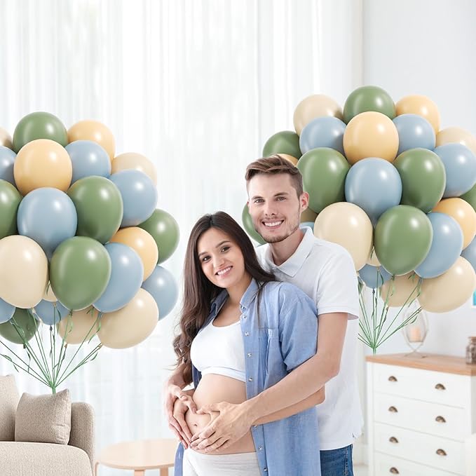 60pcs Sage Green Dusty Blue Balloons 12inch, Blue and Green Balloon with Nude Sand White Balloons for Wedding Anniversary Baby Shower Birthday Party Decorations