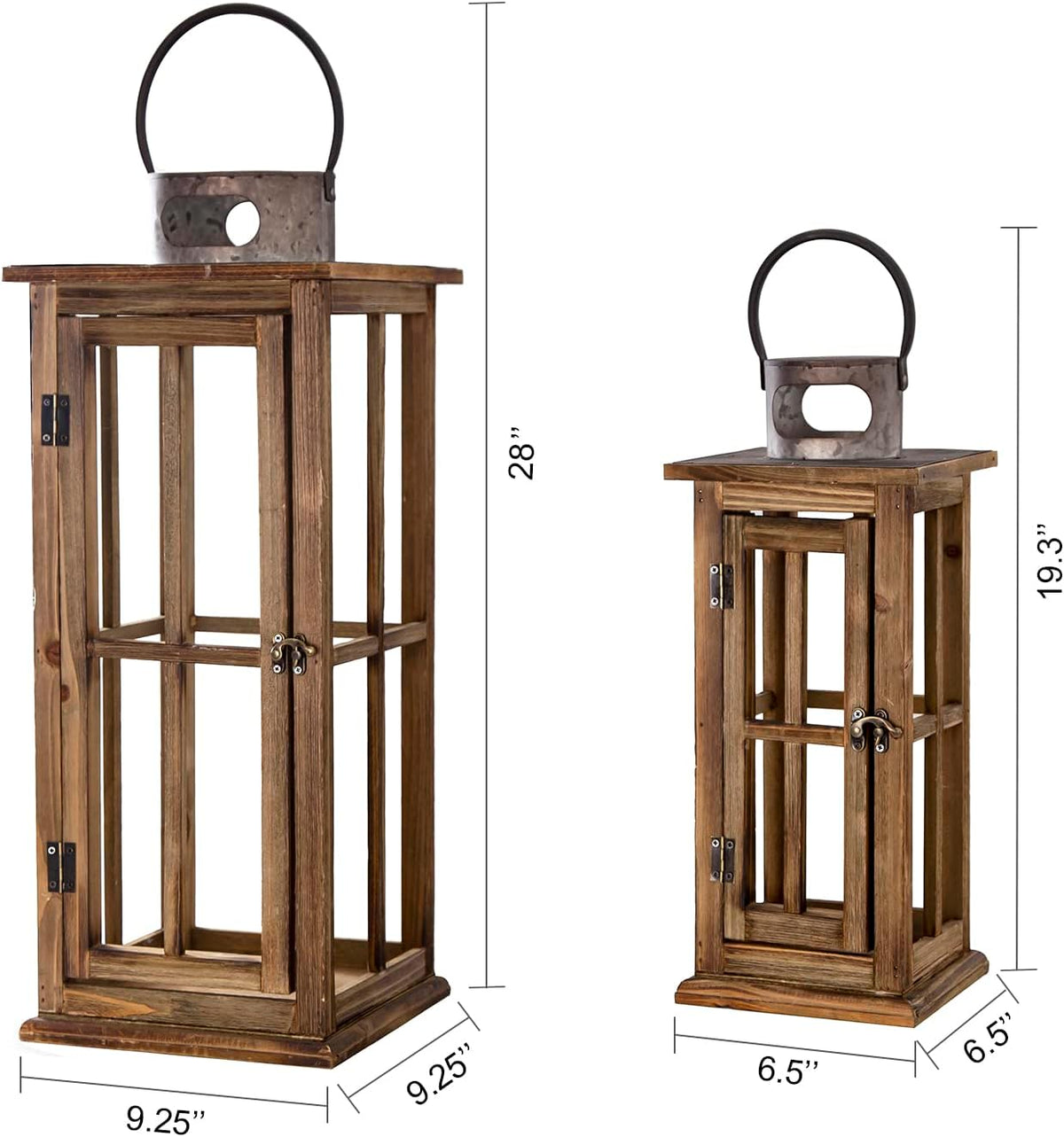 TIMRIS Large Farmhouse Wooden Metal Lantern Set of 2, Rustic Decorative Floor Candle Lanterns, Vintage Distressed Hanging Lanterns for Home Décor (No Glass)