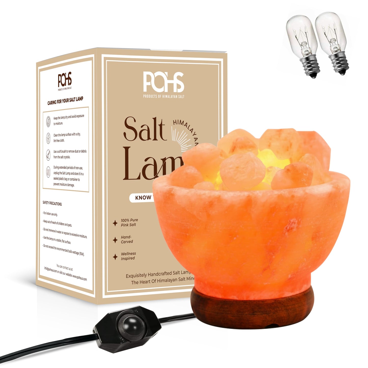 POHS Himalayan Pink Salt Lamp Bowl – Authentic from Pakistan, Natural Crystal Chunks, Dimmable Warm Glow Light, Premium Wooden Base – Relaxation, Bedroom Decor & Gift