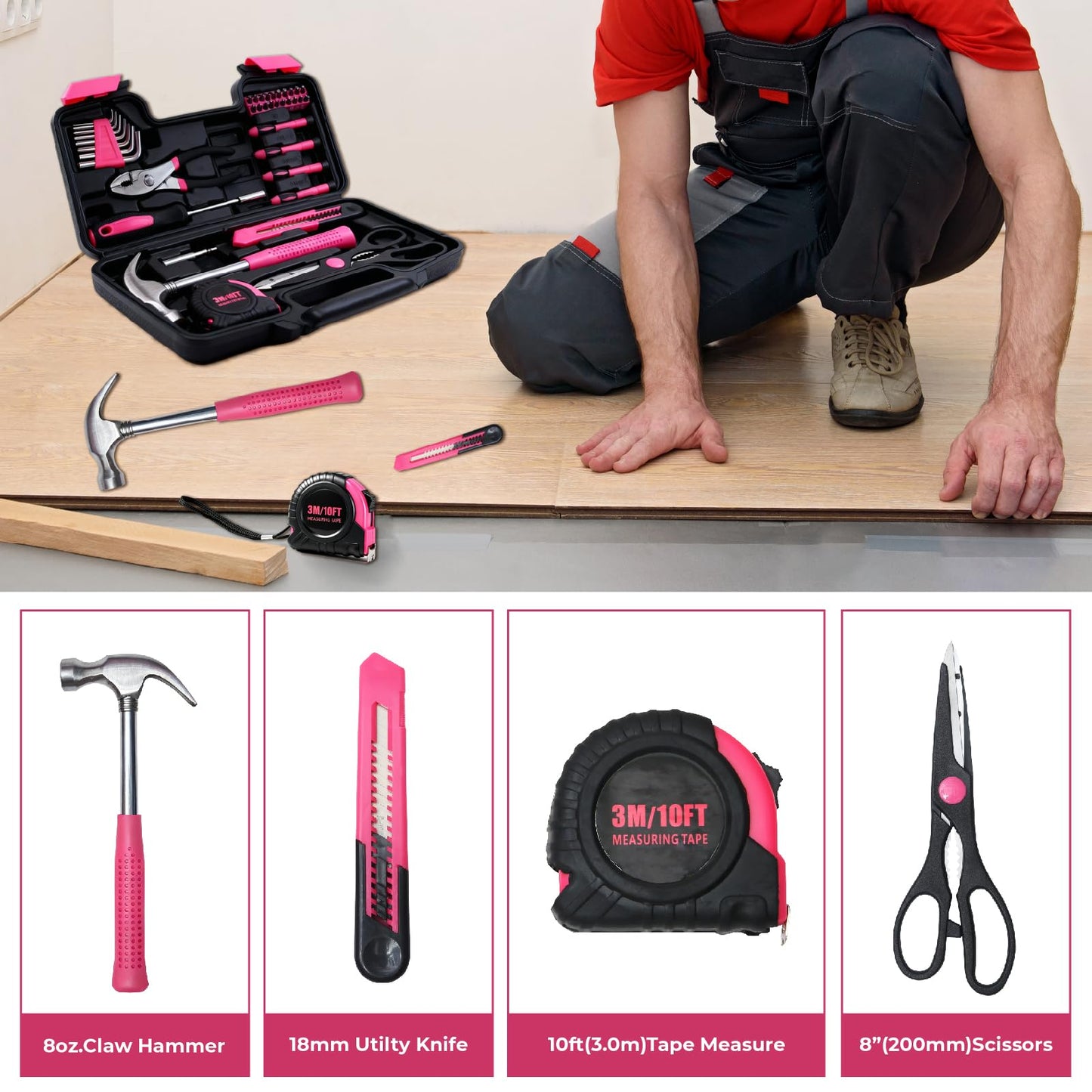 ABCY 39 Piece Basic Tool kit for Women, All Purpose Pink Tool ser Household Hand Tools with Toolbox for Home Repairs, College Dorm Essentials, DIY Crafts & Gifts