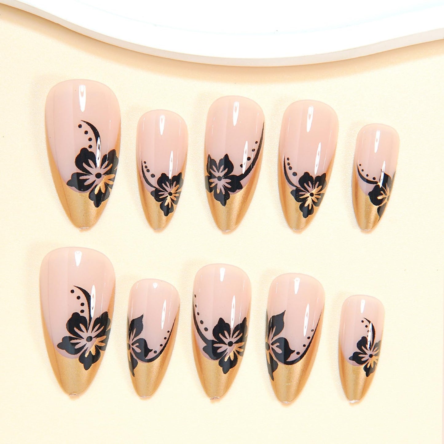 IMSOHOT Golden French Press on Nails Medium Almond Fake Nails with Black White Flower Designs Full Cover Glossy Acrylic Fall Glue on Nails