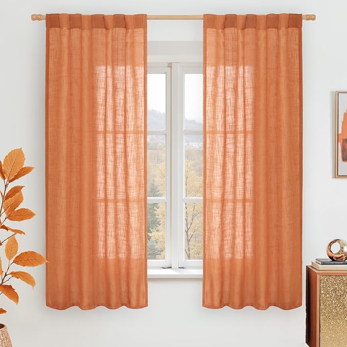 LAMIT Burnt Orange Semi Sheer Window Linen Curtains 63 Inch Length, Light Filtering Panels Back Tab and Rod Pocket Country Decor Drapes for Bedroom/Living Room, 2 Panels, 34 x 63 Inch