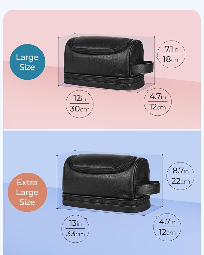 Elviros Toiletry Bag for Mens PU Leather Travel Organizer Kit with Hanging hook, Large Water-resistant Toiletries Bathroom Shaving Bags (Black)