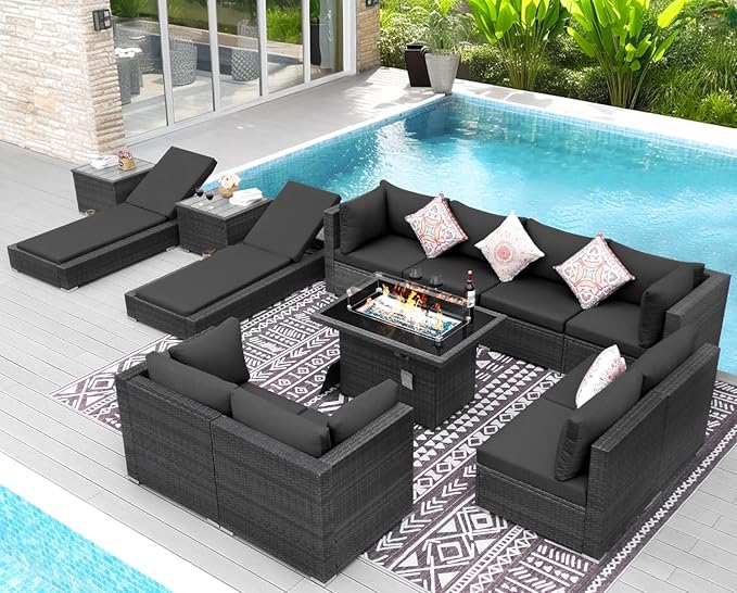 NICESOUL 13 Piece Patio Furniture Set with Fire Pit, 29.3'' High Back Outdoor Patio Set with Fire Pit & Chaise Lounge, Large Modular Outdoor Grey Wicker Sofa 500 lbs Heavy Duty for Deck, Pool