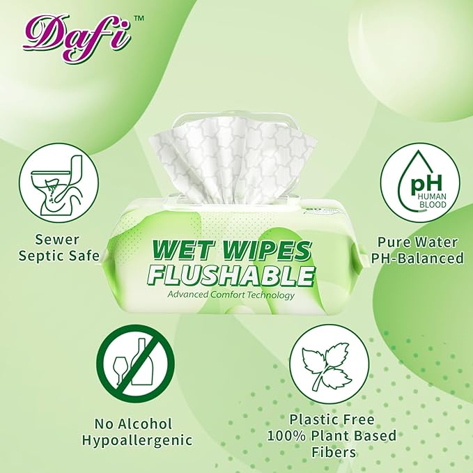 DAFI Flushable Wipes for Adult Wet Wipes,80 Count Unscented Toilet Wipes Flushable, No Alcohol & 100% Plant Based Fibers, Septic and Sewer Safe pack of 1