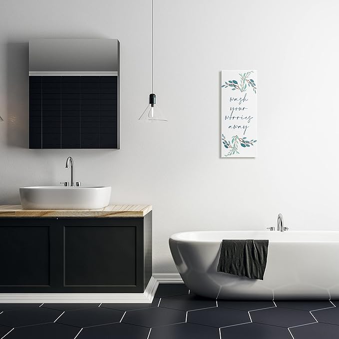 Stupell Industries Wash Your Worries Away Bathroom Phrase Blue Plants, Designed by Kim Allen Canvas Wall Art, 10 x 24