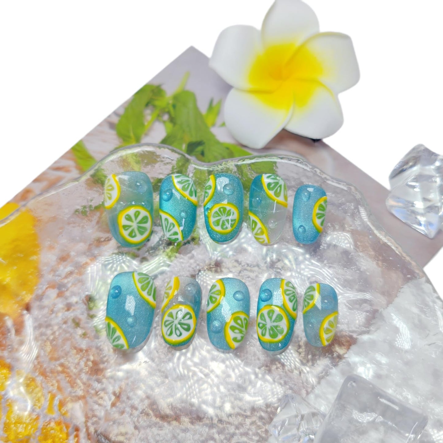 Short/Medium Oval Nails Handmade Glitter Press on Nails with Designs, Cat Eye/Aurora Women Reusable False Nails (Sea Salt Lemon#Medium)