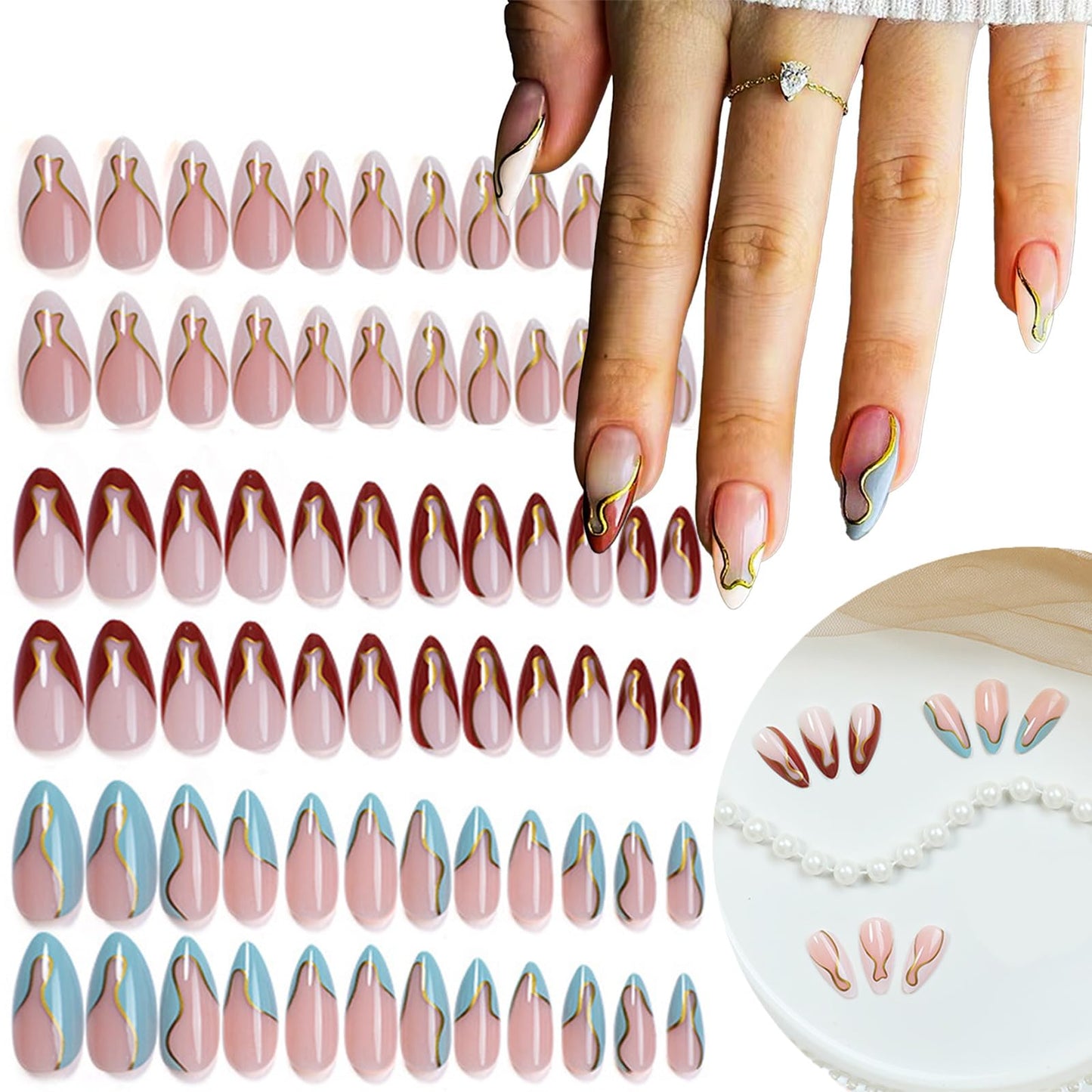 3Packs 72Pcs French Tip Press on Nails Medium Almond Fake Nails with Gold Stripes Line Designs Glue on Nails White Red Blue False Nail Tip Acrylic Nails Manicure Kit for Women Girls 12 Sizes