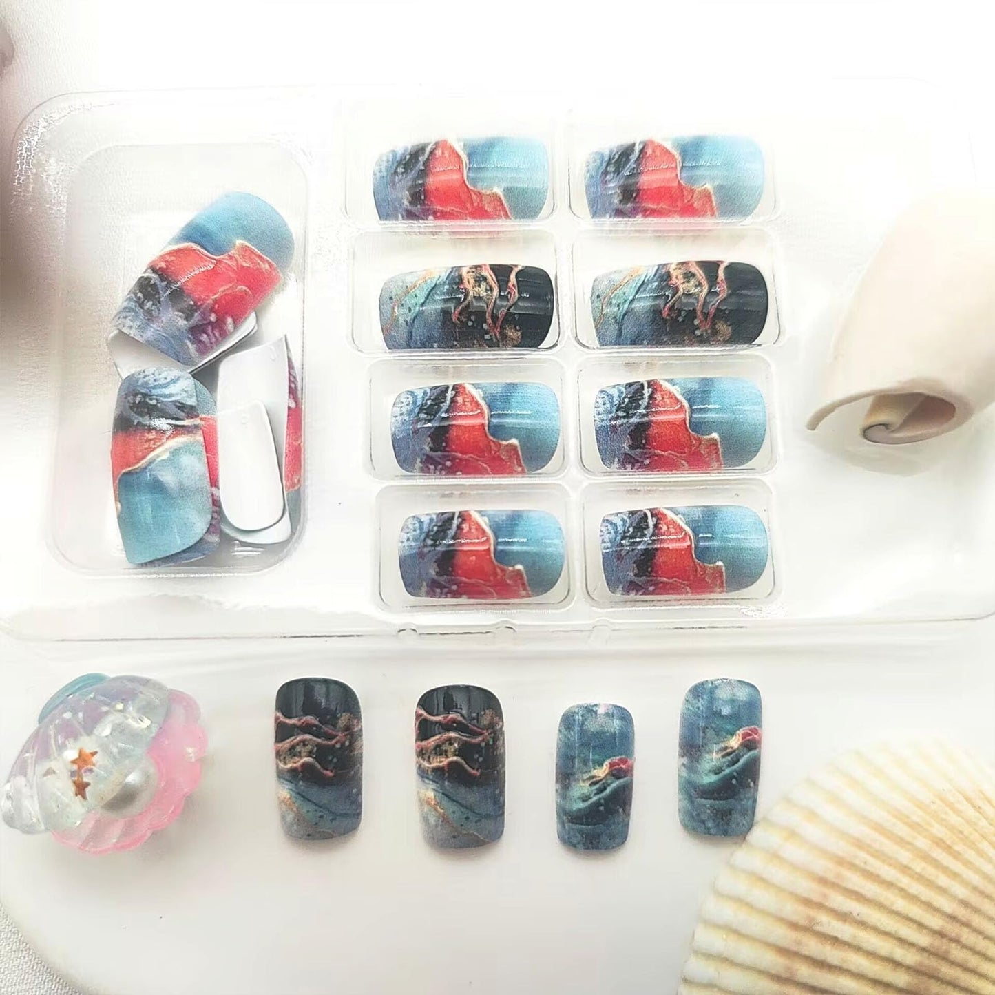 Square Press on Nails Medium Fake Nails with Lines Designs Glossy Nails Press ons Blue Gradient Black Glue on Nails Summer Acrylic Artificial Stick on Nails for Women 24Pcs