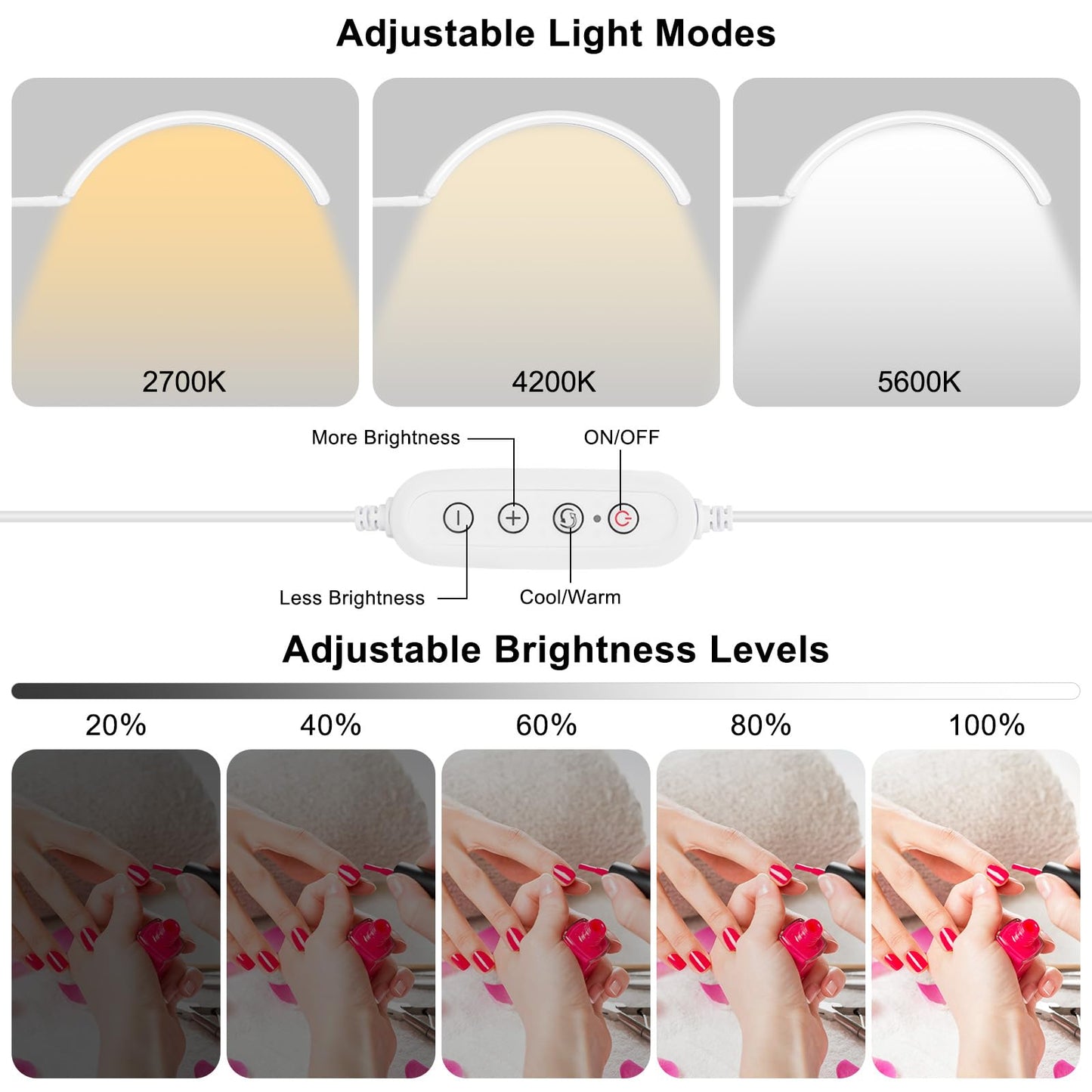 Half Moon Light for Nail Desk - Professional Shadowless LED Manicure Lamp with Clamp, 3 Color Modes & 10 Brightness Levels, Eye-Caring Beauty Lamp for Eyelash Extensions, Tattoo, Estheticians