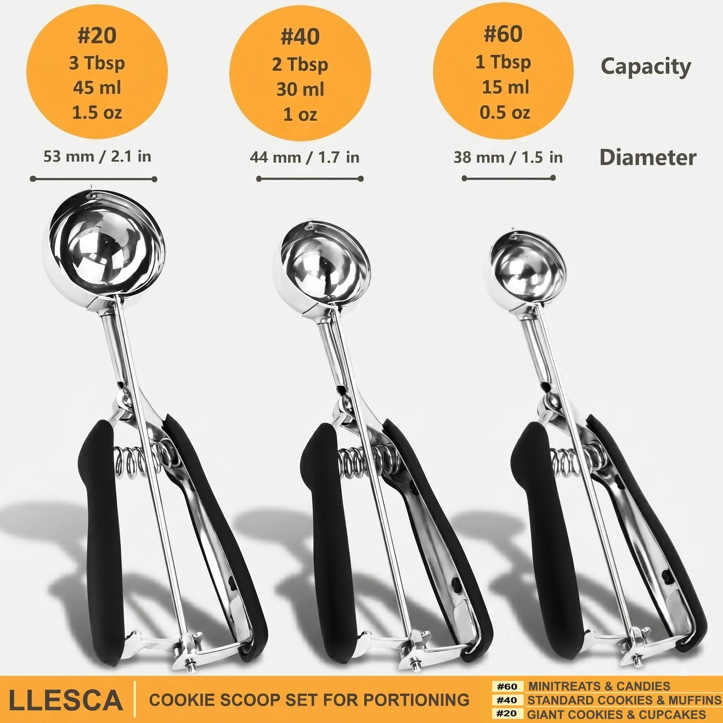 Cookie Scoop Set, 3Pcs Ice Cream Scoop, Cookie Scoops for Baking Set of 3, 18/8 Stainless Steel Cookie Scooper for Baking, Ice Cream Scooper with Trigger Release, Cookie Dough Scoop with Non-slip Grip