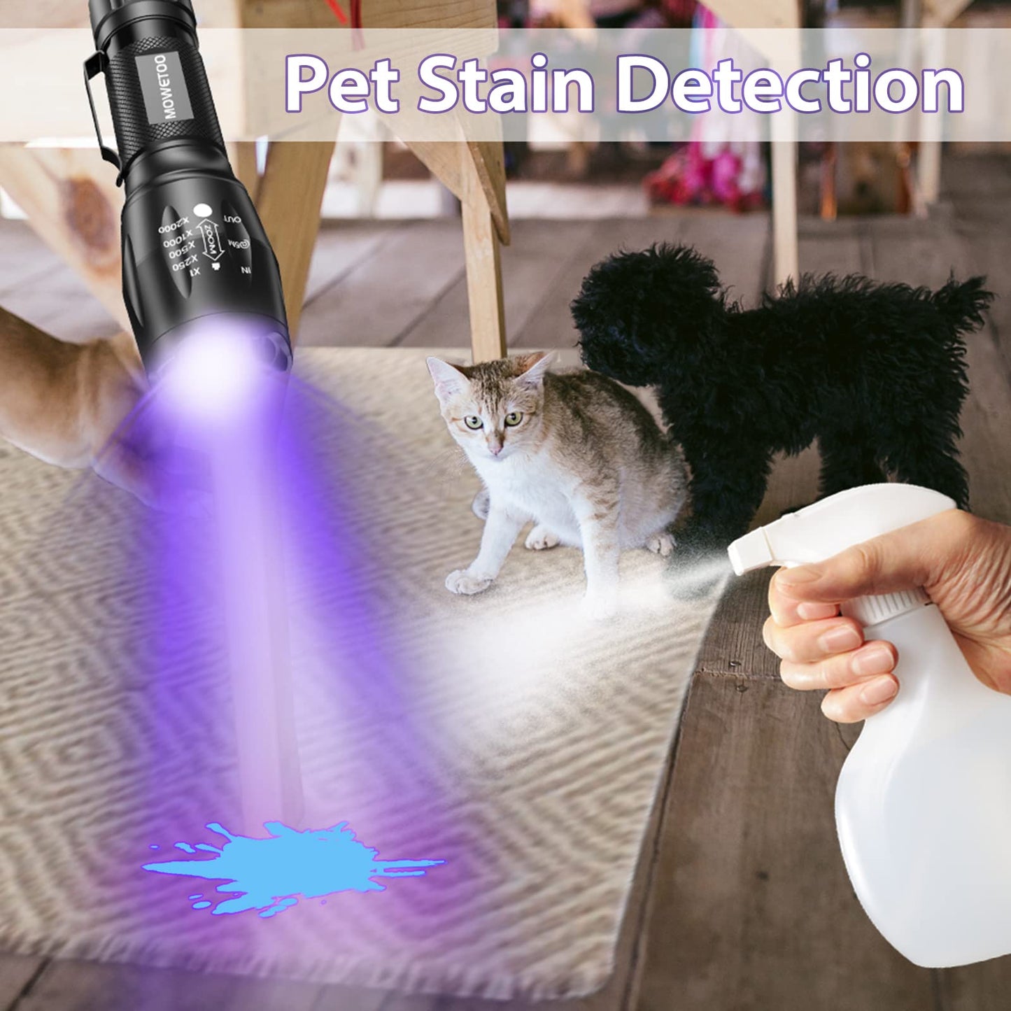 MOWETOO UV Flashlight, Portable Blacklight Flashlight, LED Torch with White and Ultraviolet Light Combo, Black Light Pet Urine Detector for Dog Cat Pee, ID Check, AC Leak, Bed Bug, Rocks, Resin