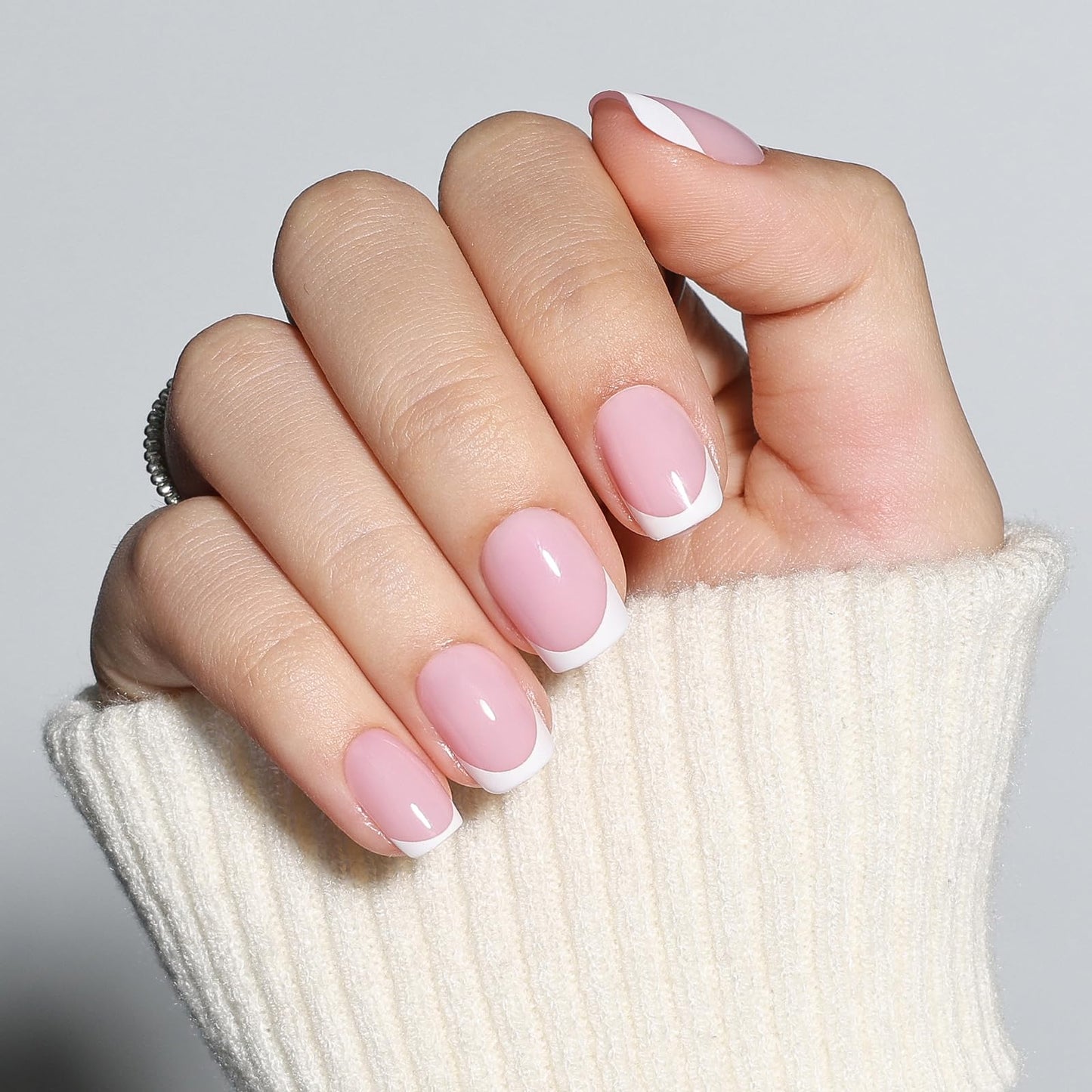 French Tip Press On Nails - Pink and White French Tip Press On Nails Short Square, Reusable Glossy Fake Nails Kit with Glue, 30 Pieces in 15 Sizes