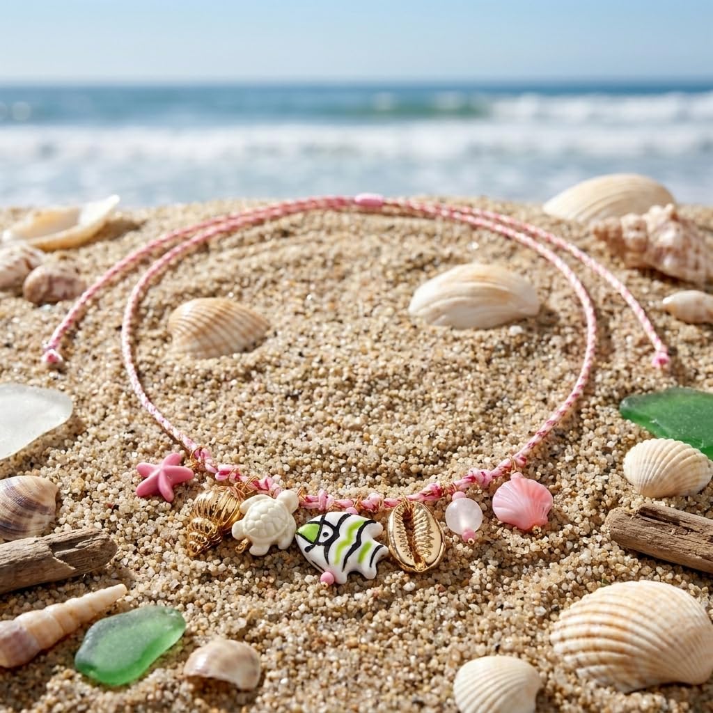 Tyebiva Cute Ocean Pendants Braided Pink Rope Necklace for Women, Summer Beach Boho Adjustable String Choker with Starfish Seahorse Fish Shell Charm Holiday Vacation Jewelry Gift