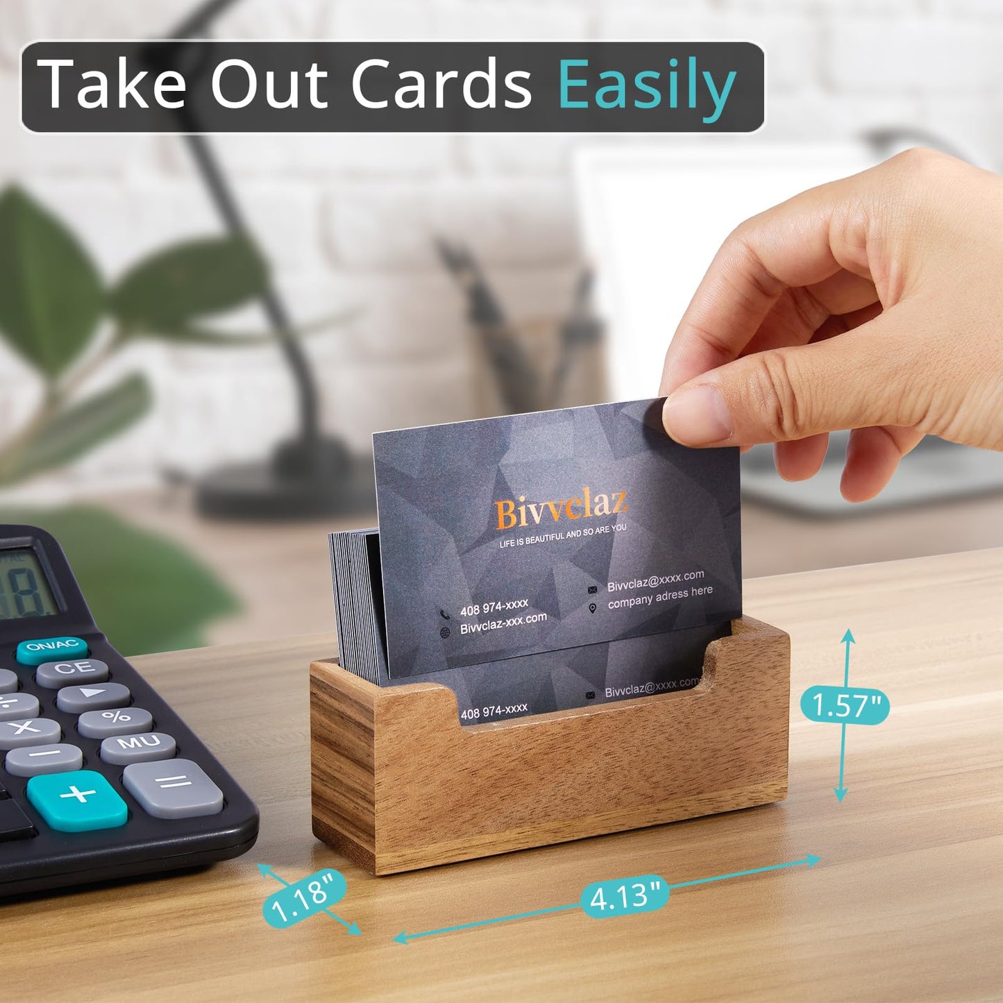 Bivvclaz 2 Pack Business Card Holder Desk, Acacia Wood Business Card Organizer Desktop Business Card Display Stand for Office Tabletop Exhibition, Small Business Essentials