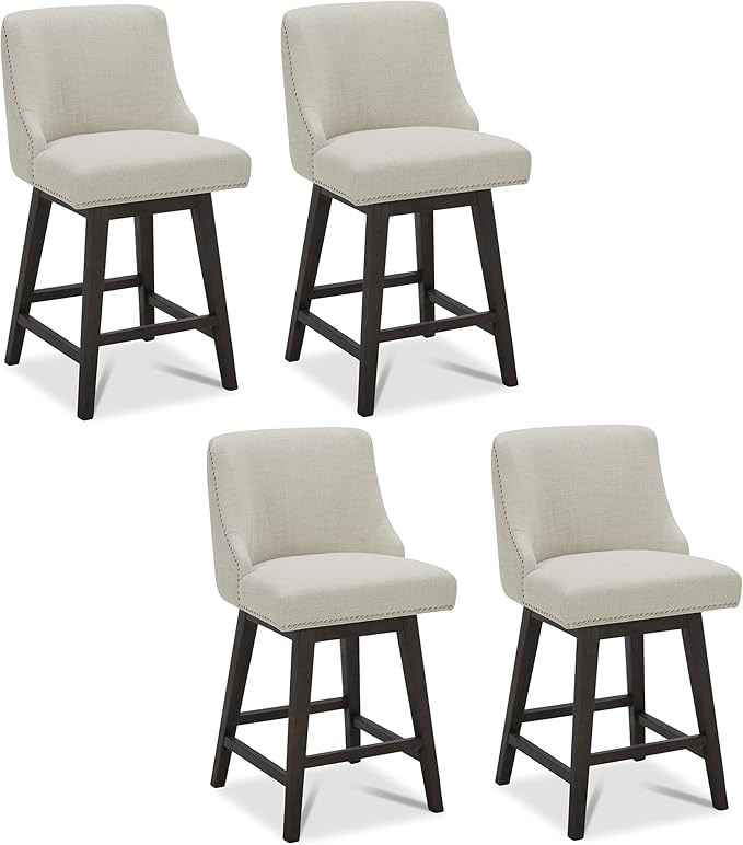 CHITA Counter Height Swivel Bar Stools Set of 4, FSC Certified Upholstered Counter Stools, Modern Swivel Barstools with Wood Legs for Kitchen Island, 26" Seat Height, Fabric in Linen