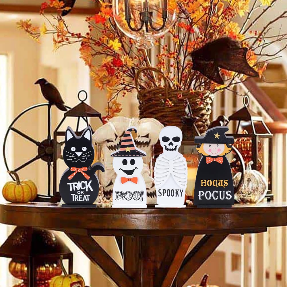 Halloween Decorations Indoor, DECSPAS 4 PCS Wood Blocks Halloween Table Decor, Ghost Black Cat Skull Witch Gothic Tabletop Ornaments, Hocus Pocus Decorations for Home, Tiered Tray, Shelf, Mantel