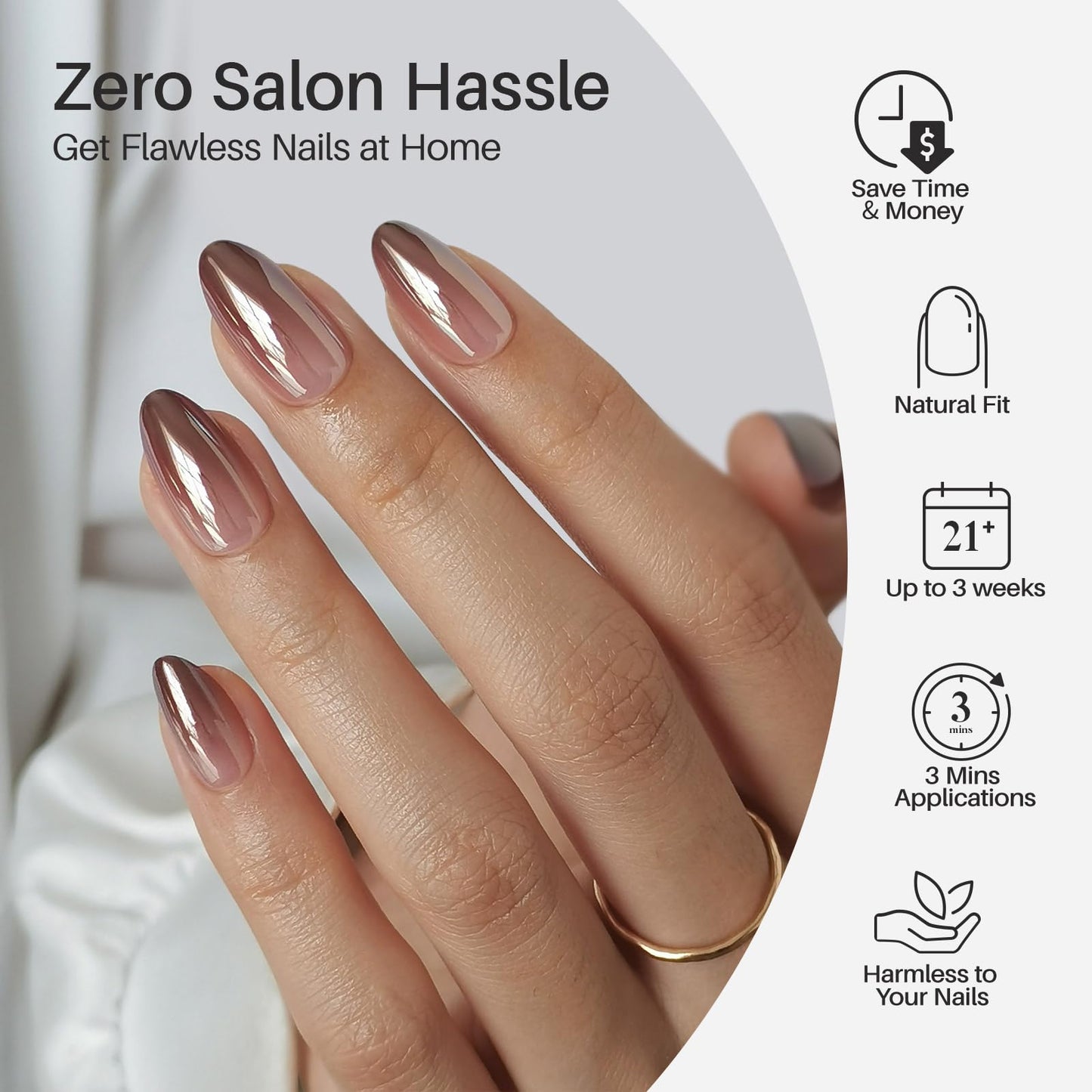 Brown Ombre Press on Nails Short - SHANGMENG Chrome Press on Nails Almond for Women Gift, Natural & Glossy Stick on Nails in 16 Sizes - 32 Reusable Soft Gel Fake Nails with Glue, Iced Americano