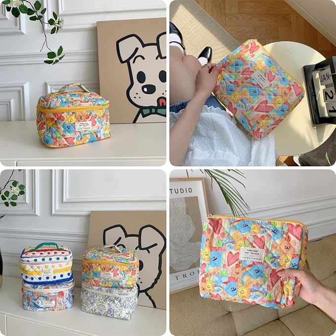 Makeup Bag Travel Essentials Quilted Cosmetic Toiletry Pouch Organizer Insert for Women Dorm Room Essential Gift Large Capacity Opening Lightweight Cute Aesthetic Portable 2PCS (Heart)
