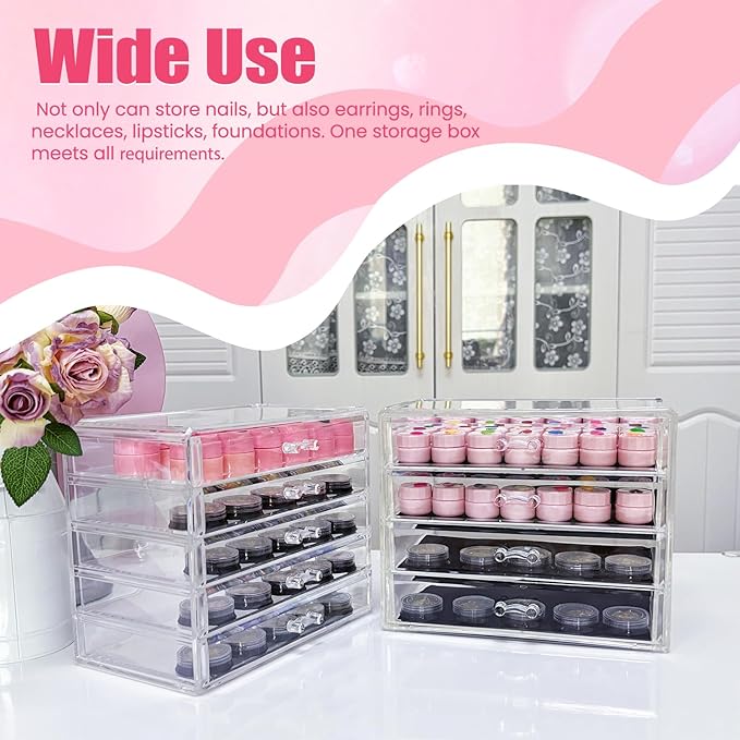4 Tier Nail Art Decoration Storage Box，Acrylic Make Up & Jewelry Organizer with Drawers, Cosmetic Storage for Dresser Countertop and Bathroom，Beauty Holder for Lipstick Brush